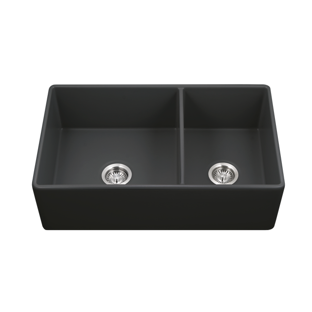 Houzer Platus Series 33-Inch Fireclay Farmhouse Sink - Dual Mount Undermount or Apron Front - 60/40 Double Bowl - Durable & Stylish Kitchen Upgrade for Modern Farmhouse, Rustic, or Traditional Home Decor
