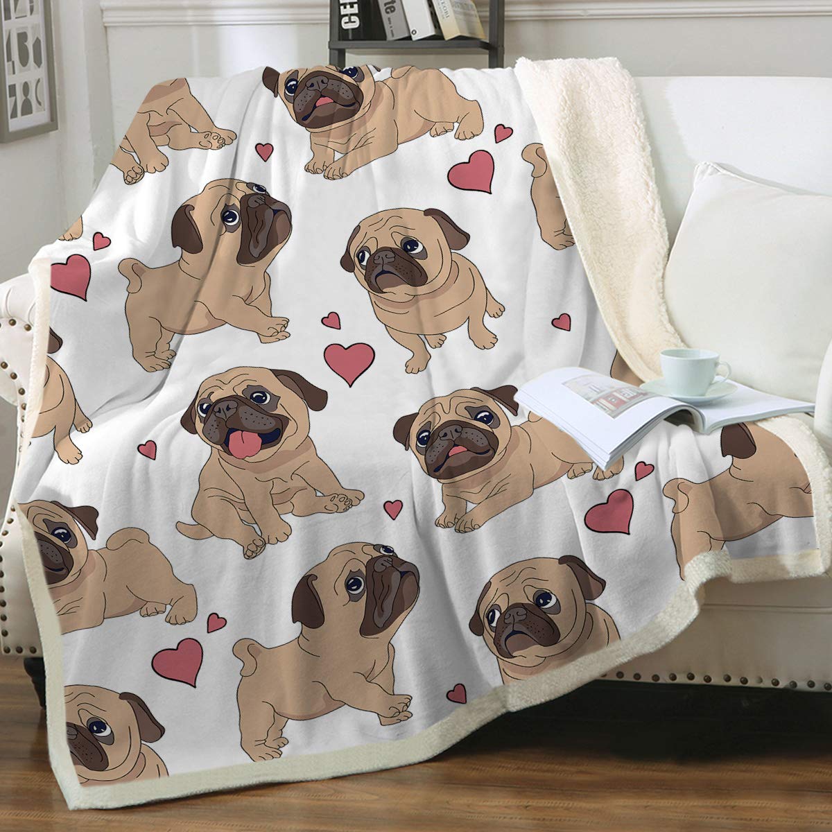 Sleepwish 90x90 Inch Reversible Pug Fleece Blanket - Ultra Soft Sherpa Pet Blanket for Dogs, Cozy Throw for Pug Lovers (Queen Size) - Perfect for Couch, Bed & Home Decor