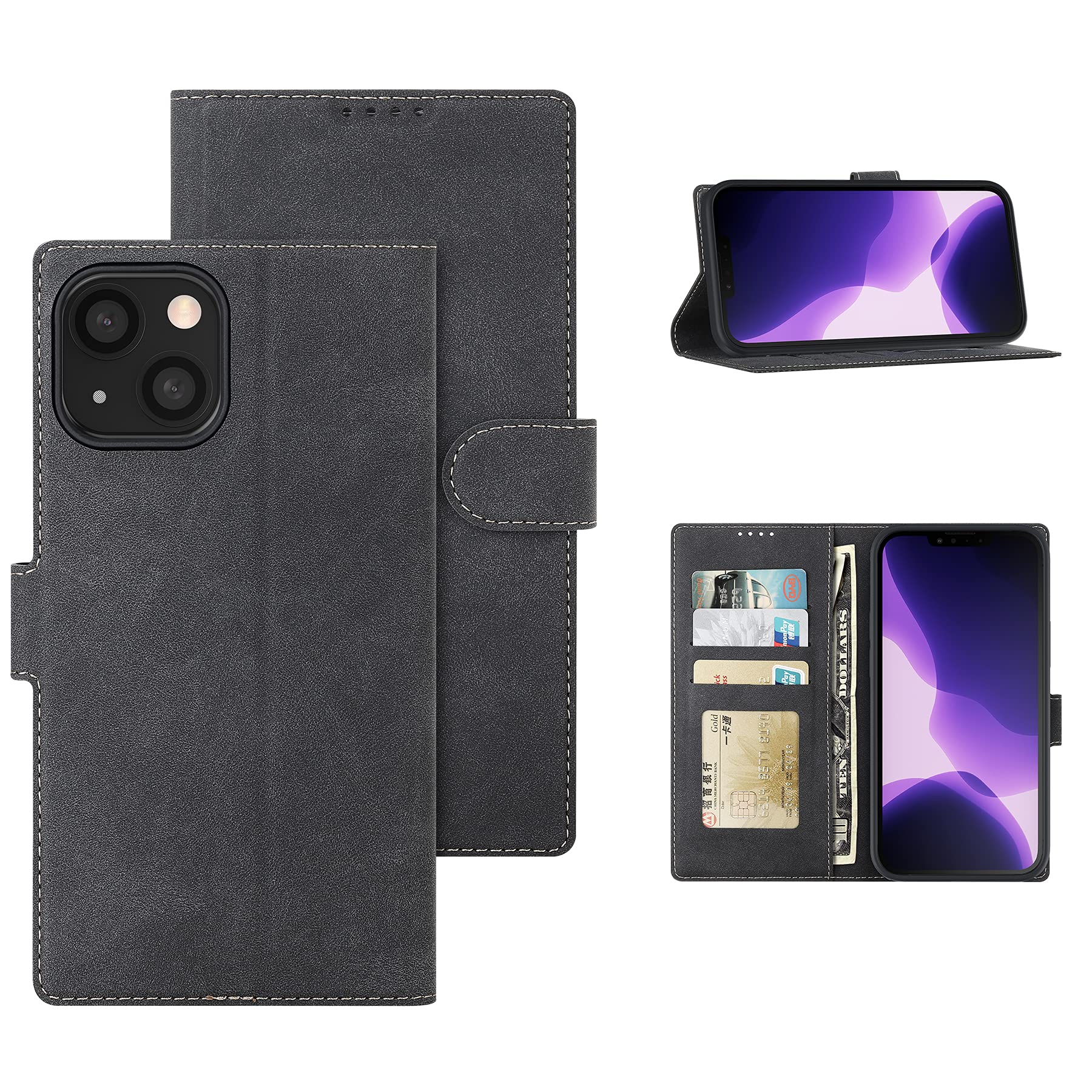 Feitenn iPhone 13 Case 6.1 Inch (2021) - Premium PU Leather Slim Folio Cover with Hard Plastic Bumper | Shockproof & Durable Protective Case for iPhone 13 | Perfect for Work, Travel & Everyday Use (Black)