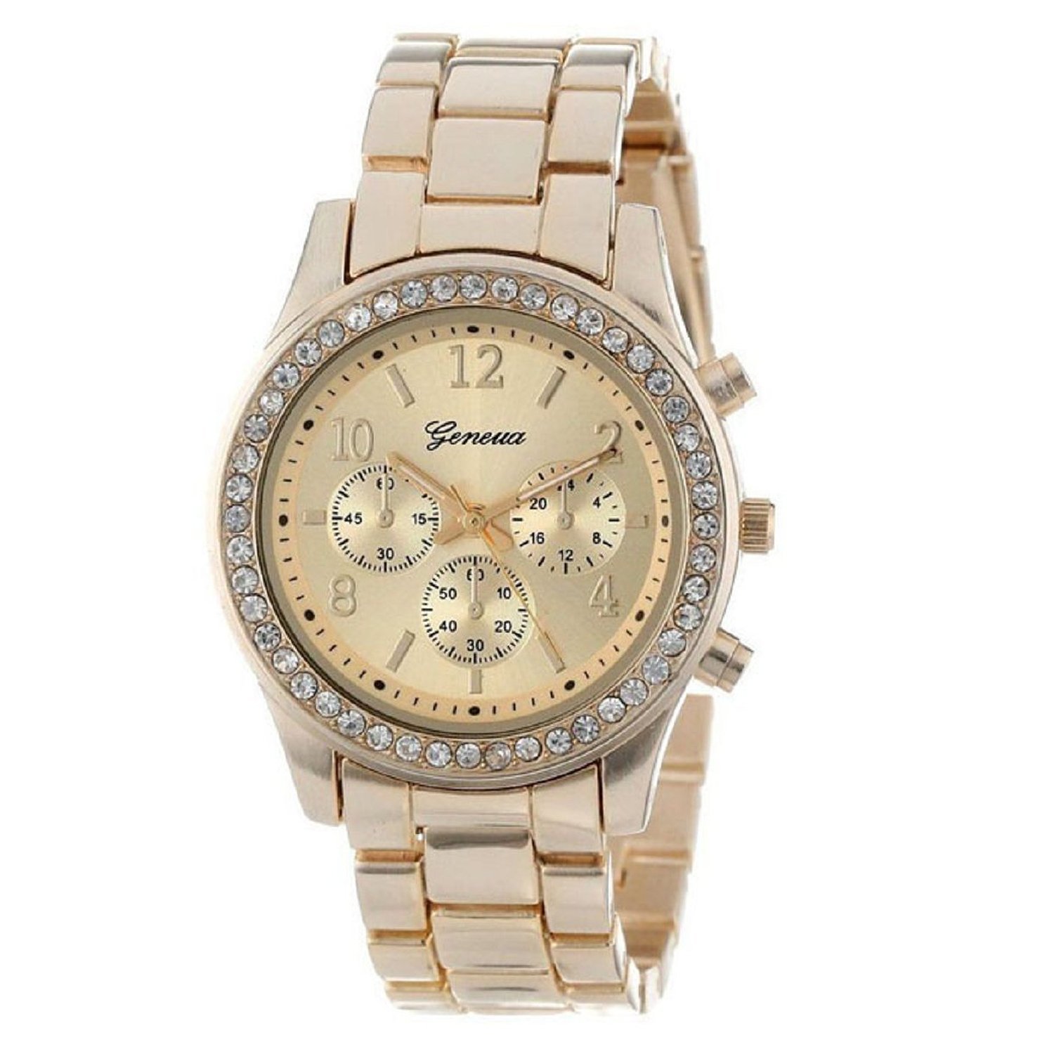 Geneva Chronograph Crystal Watch - Gold Tone Metal Link for Elegant Style