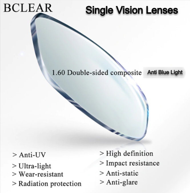BCLEAR 1.60 Index Single Vision Double Composited Clear Lenses - High Clarity Anti-Reflective Glasses for Daily Use, Reading & Computer Work