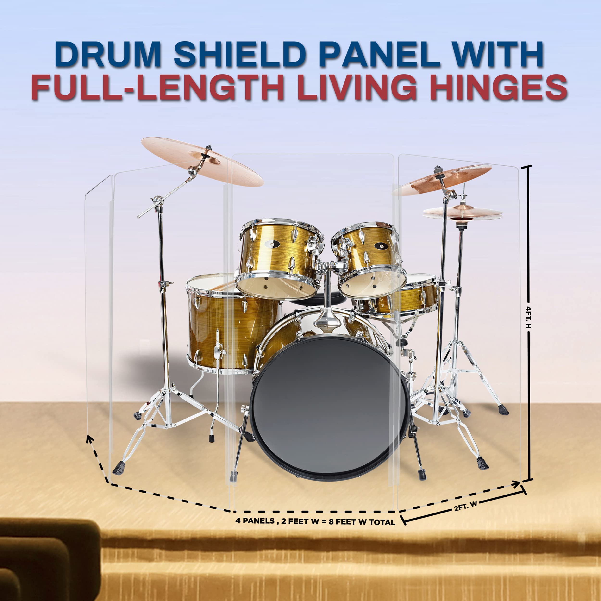 4ft Drum Shield with Plastic Hinges - 4 Premium Clear Acrylic Drum Panels & 3 Hinges Included - Sound Isolation Screen for Drum Practice, Studio Recording & Live Performances