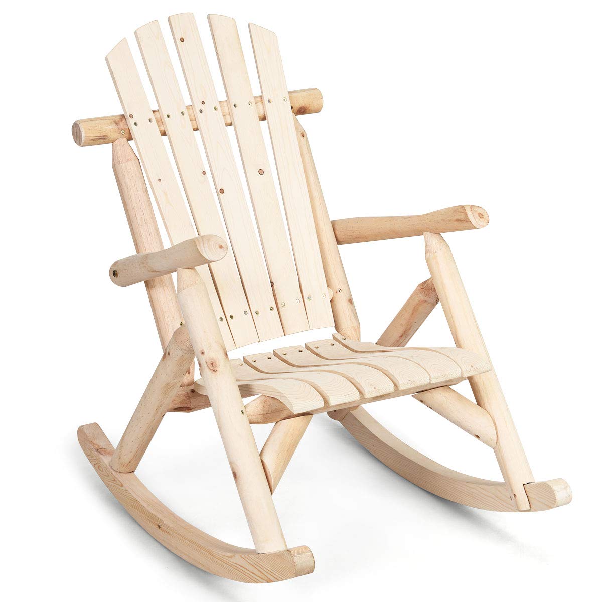 Giantex Solid Wood Adirondack Rocking Chair - Outdoor Patio Rocker with Slatted Seat & Backrest - Natural Wood Porch Swing for Garden, Balcony, Poolside & Backyard - Perfect for Relaxing, Reading & Enjoying Nature