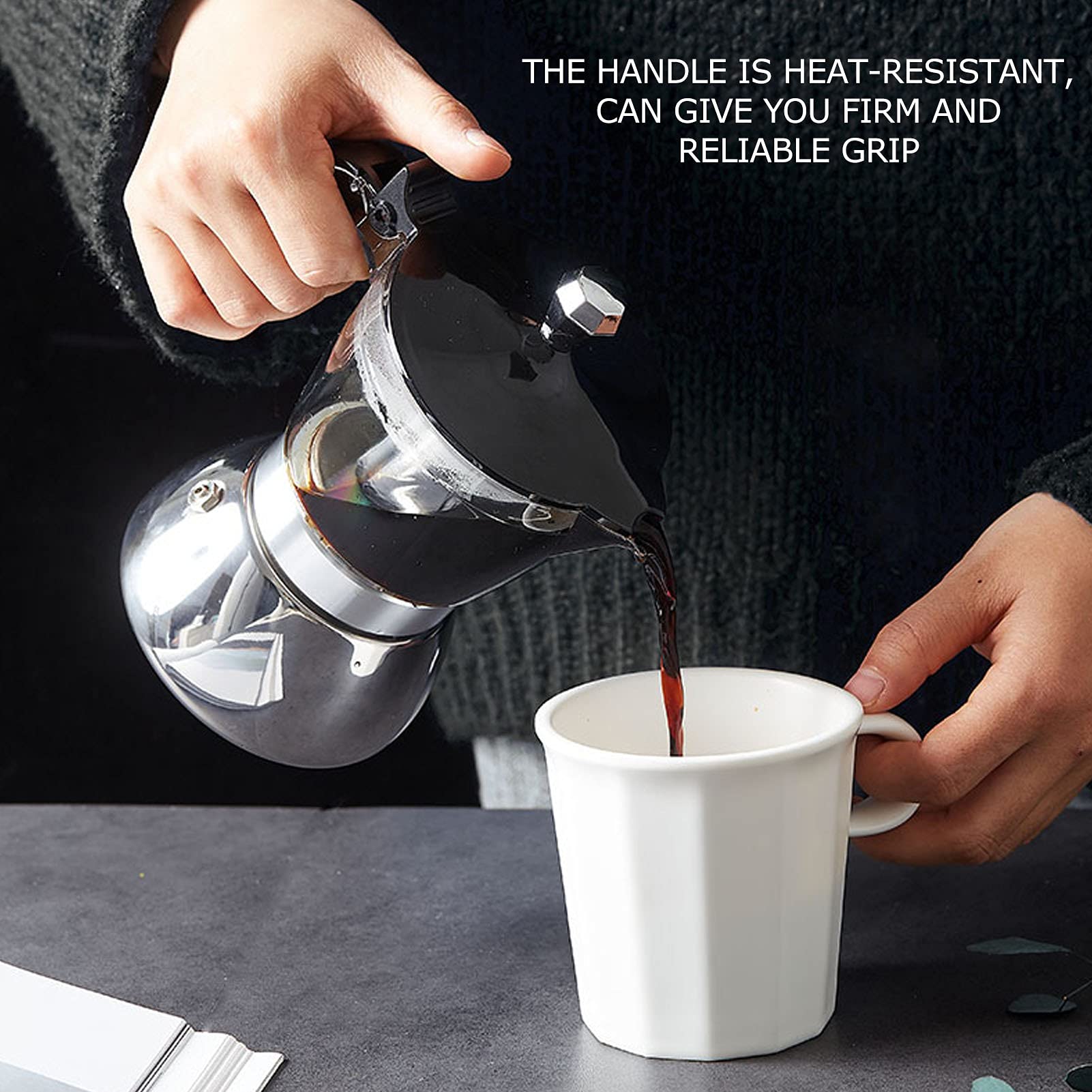 Stainless Steel 4-Cup Moka Pot Coffee Maker with Crystal Glass Top - Stovetop Espresso Maker for Home & Kitchen - Perfect for Espresso, Latte & Cappuccino