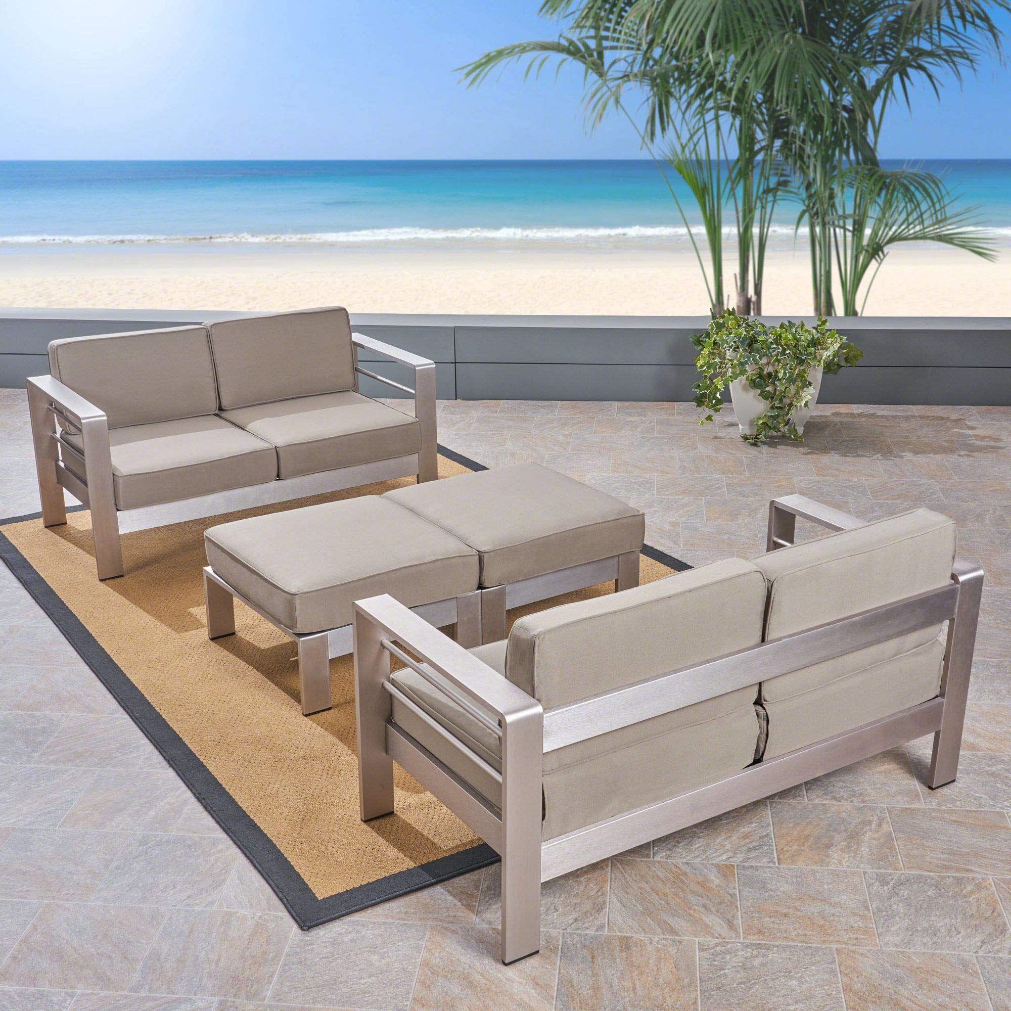 Modern 4-Piece Outdoor Patio Loveseat Set with Ottoman - Khaki Brown & Silver Metal Frame - 56.75