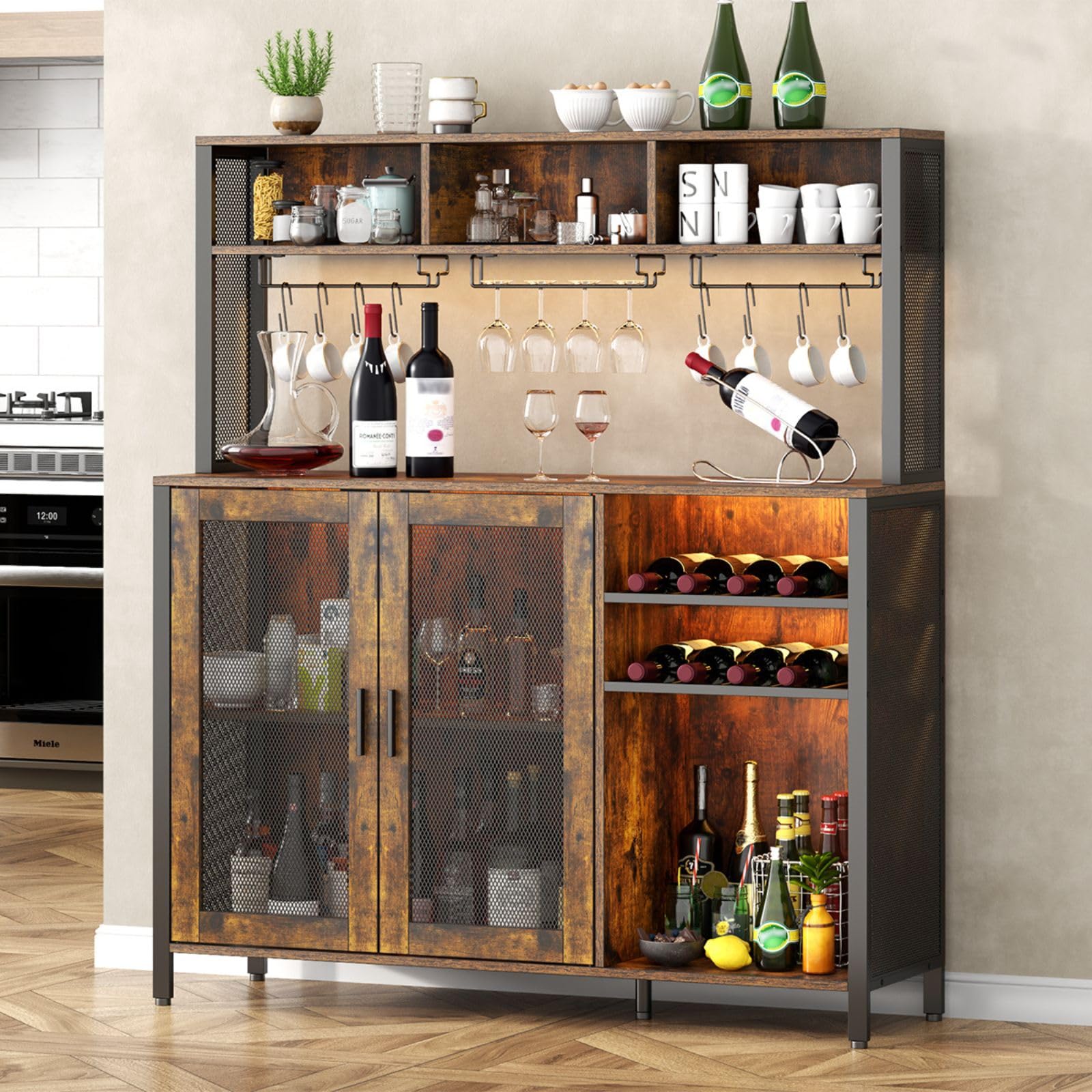 Industrial Wine Bar Cabinet with LED Lights - Rustic Brown Coffee Bar with Wine Rack, Glass Holder & 3 Storage Compartments - Kitchen Buffet Sideboard & Liquor Cabinet for Home Bar, Dining Room or Entertainment Area