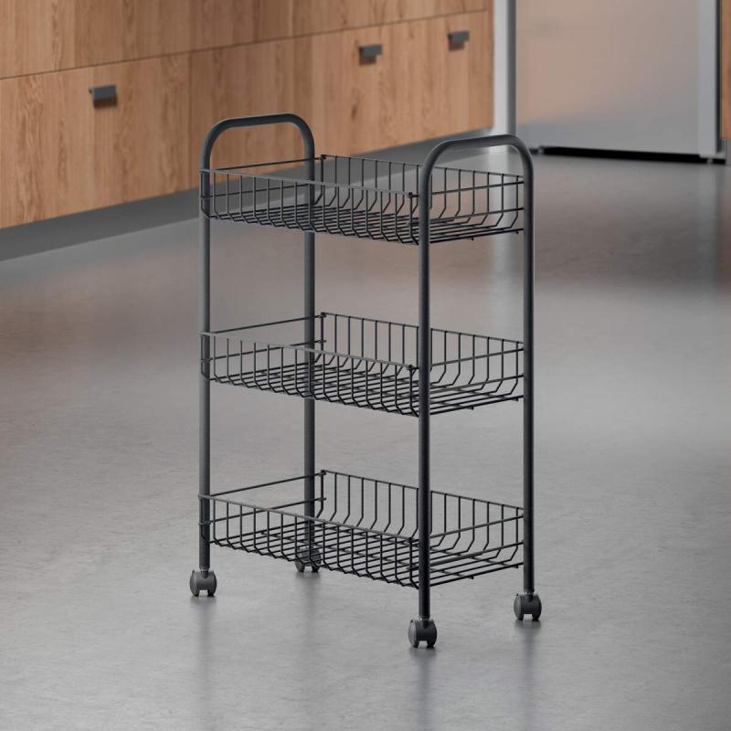 3 Tier Rolling Cart Lugano Lava Matt Black - Multi-Purpose Mobile Storage Organizer for Kitchen, Bathroom, Office, or Dorm Room