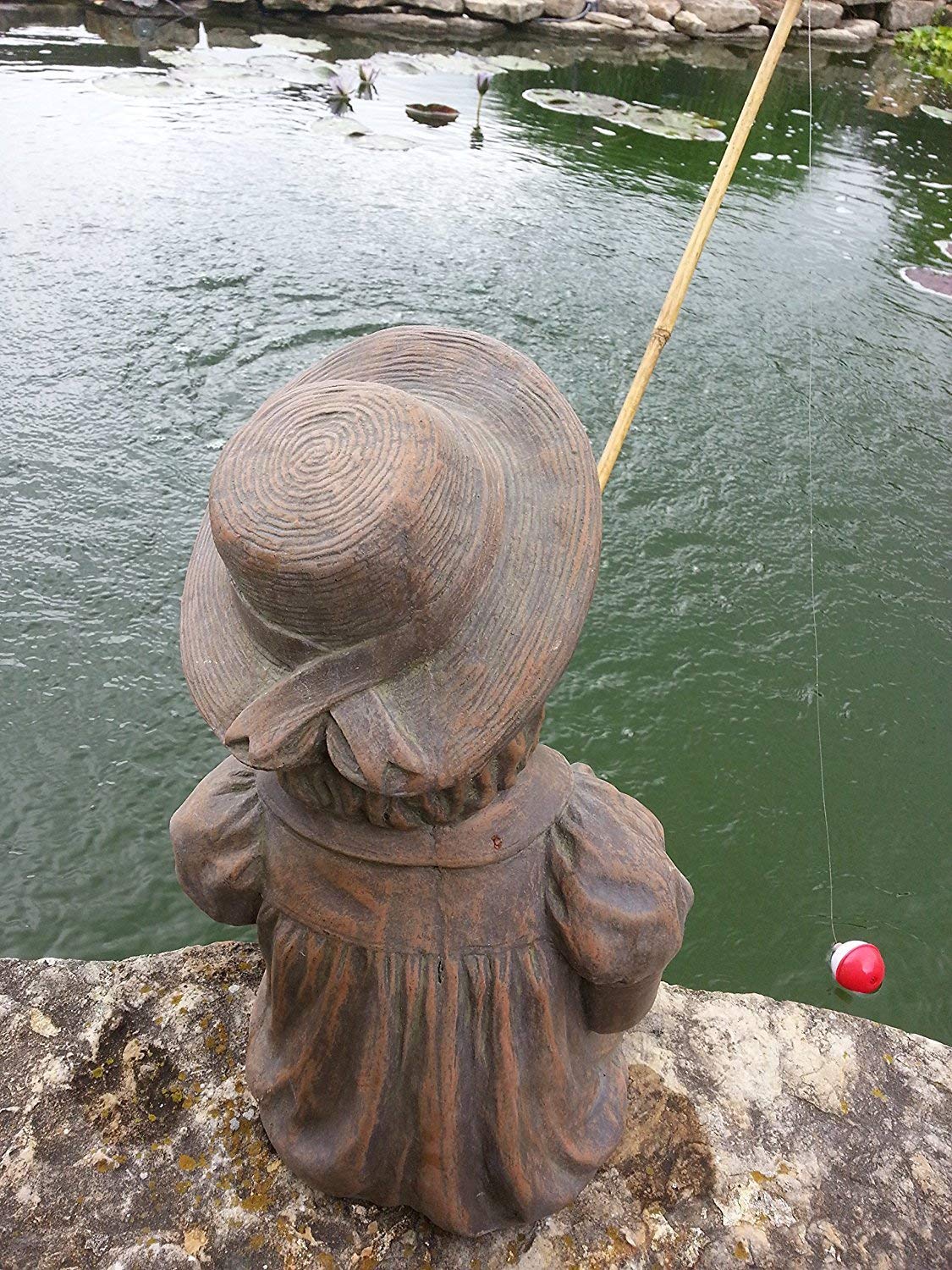 Massarelli's Fishing Girl Cast Stone Statue - Outdoor Garden & Pond Decor Sculpture - Perfect Gift for Fishing Enthusiasts & Garden Lovers - Ideal for Patio, Backyard & Water Feature Decoration