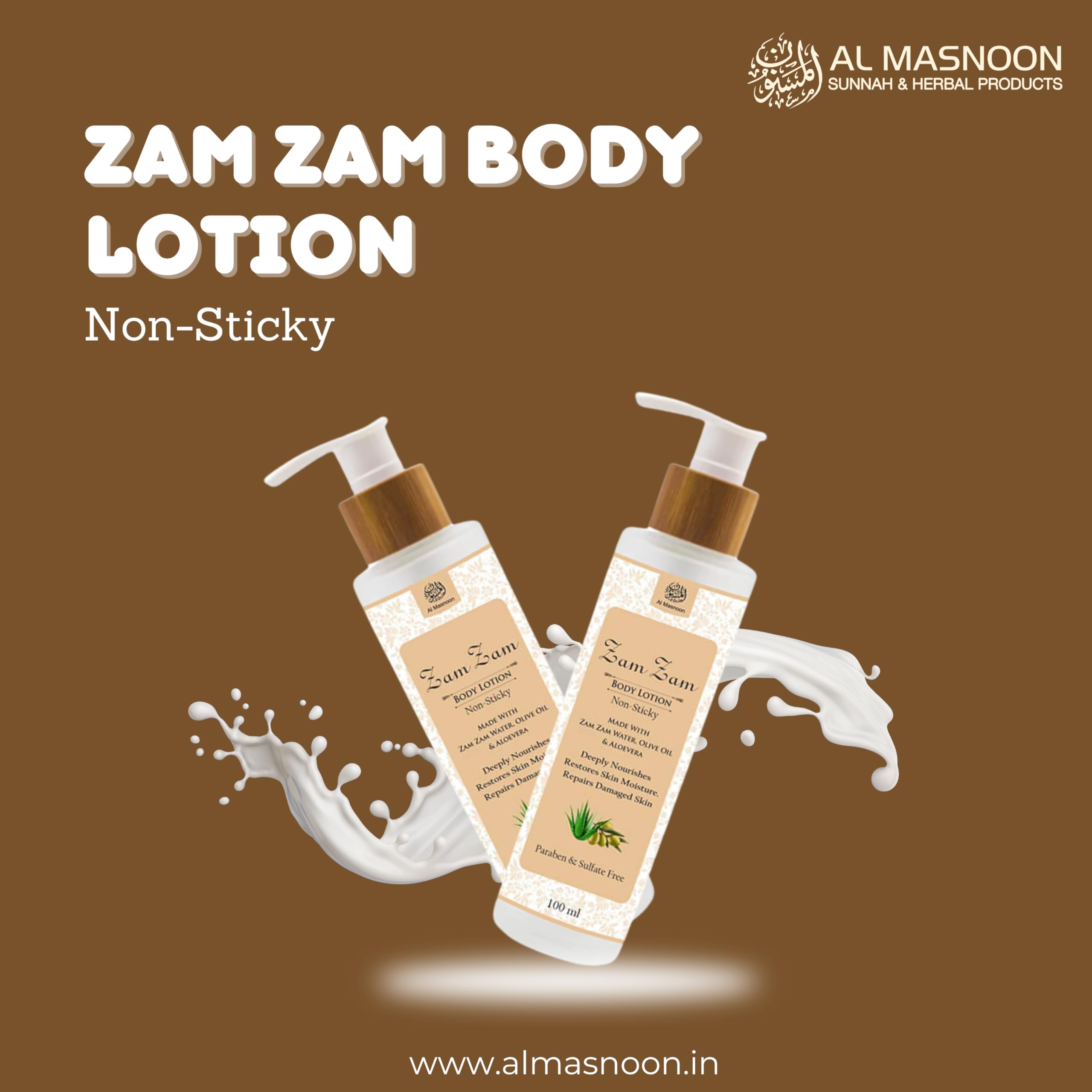AL MASNOON Zam Zam Body Lotion with Zam Zam Water, Olive Oil & Aloe Vera - 100ml, Paraben & Sulfate Free - Hydrating & Nourishing for Dry Skin - Perfect for Daily Moisturizing & After-Shower Care