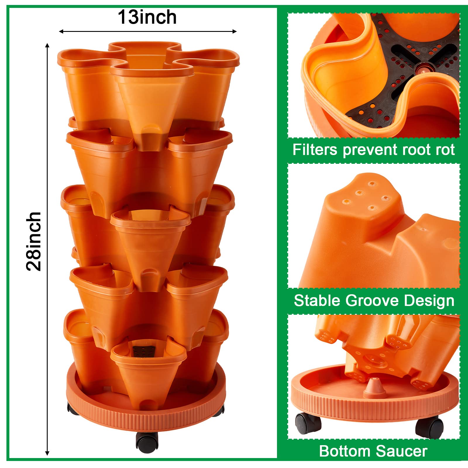 Umigy 2-Pack 5-Tier Stackable Vertical Garden Planters for Strawberries, Herbs, Flowers & Vegetables - Indoor/Outdoor Gardening Pots with Removable Wheels & Drainage Holes (Terracotta) - Perfect for Balcony, Patio, Small Space Gardening & Urban Farming