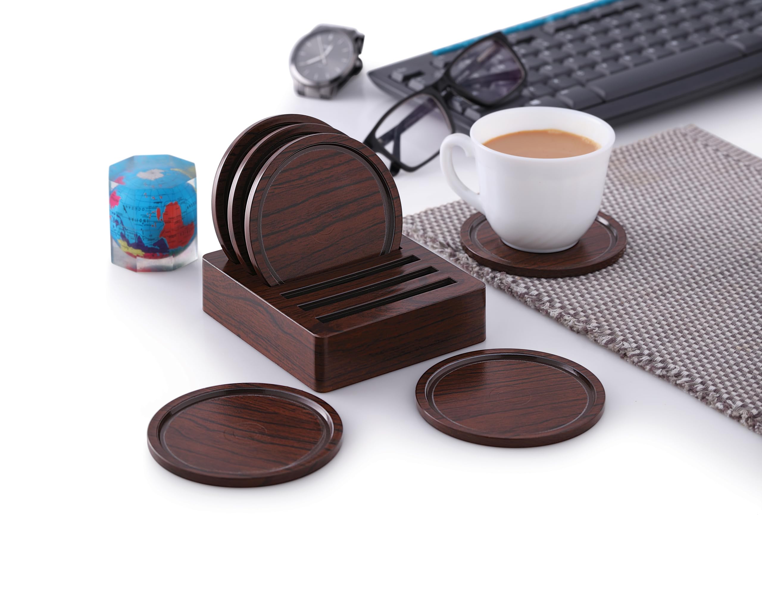 Stylish Nabhya 6-Piece Plastic & Steel Coaster Set with Holder for Coffee Mugs, Beer Cans, Tumblers & Water Glasses - Brown - Perfect for Home, Office & Bar Use