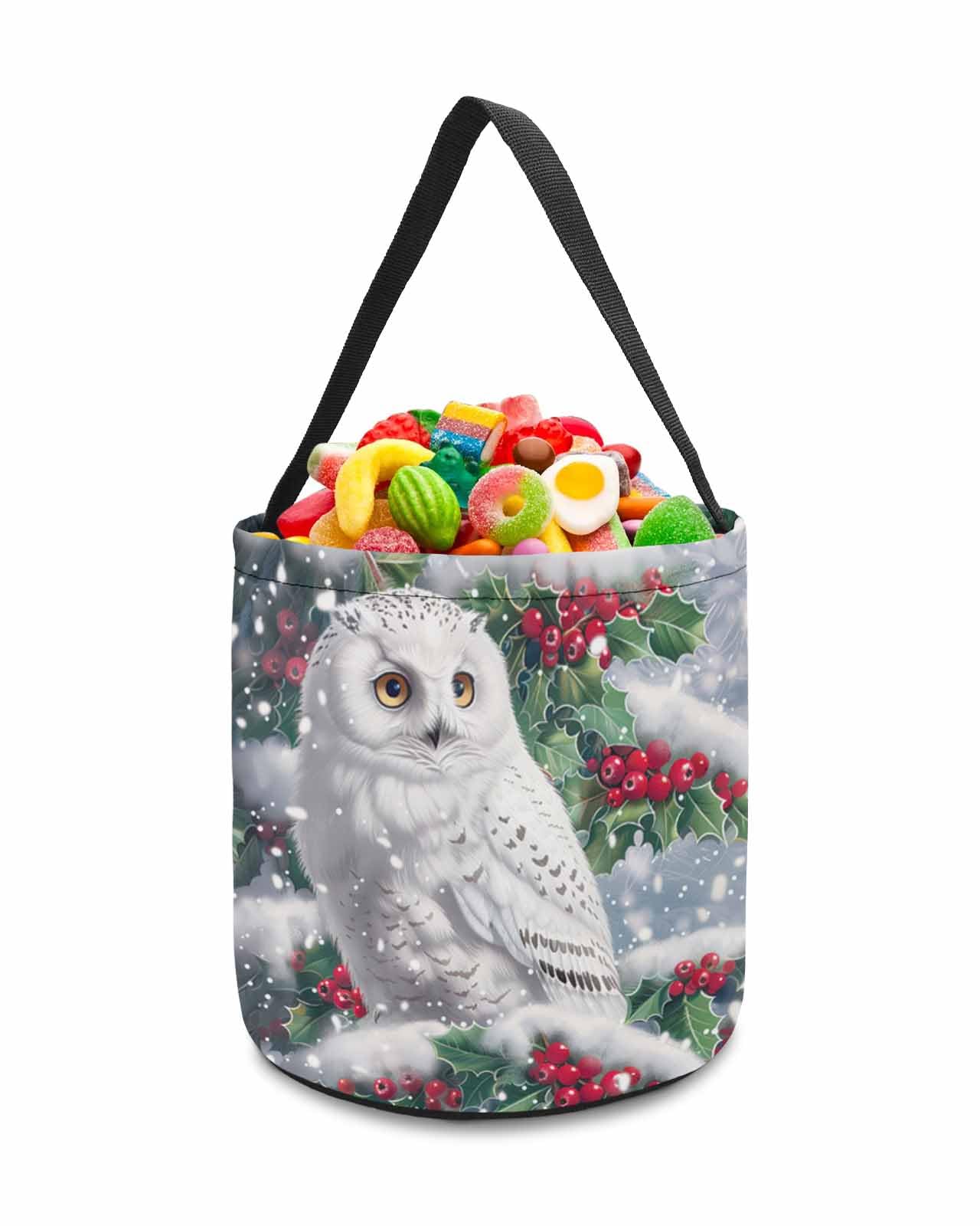 2 Pack Halloween Trick or Treat Candy Bags - Christmas Holly Cartoon White Owl Reusable Collapsible Tote for Holiday Parties, Gift Baskets & Winter Celebrations - Perfect for Candy Storage, Party Favors and Seasonal Decorations