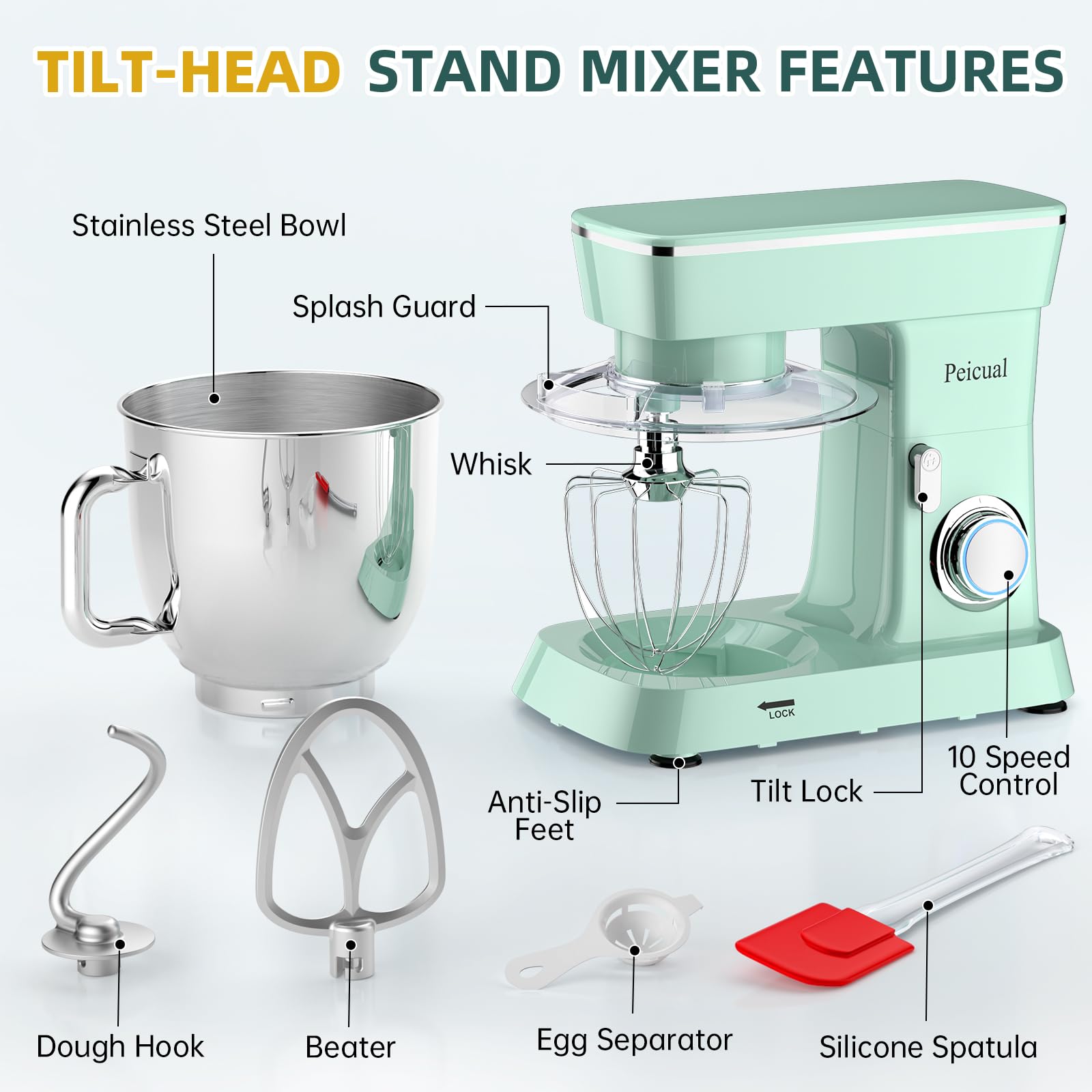 6QT 10-Speed Tilt-Head Stand Mixer with Stainless Steel Bowl - Dough Hook, Flat Beater & Wire Whisk Included - Perfect for Baking Bread, Cakes & Cookies - Green Kitchen Electric Mixer for Home Bakers