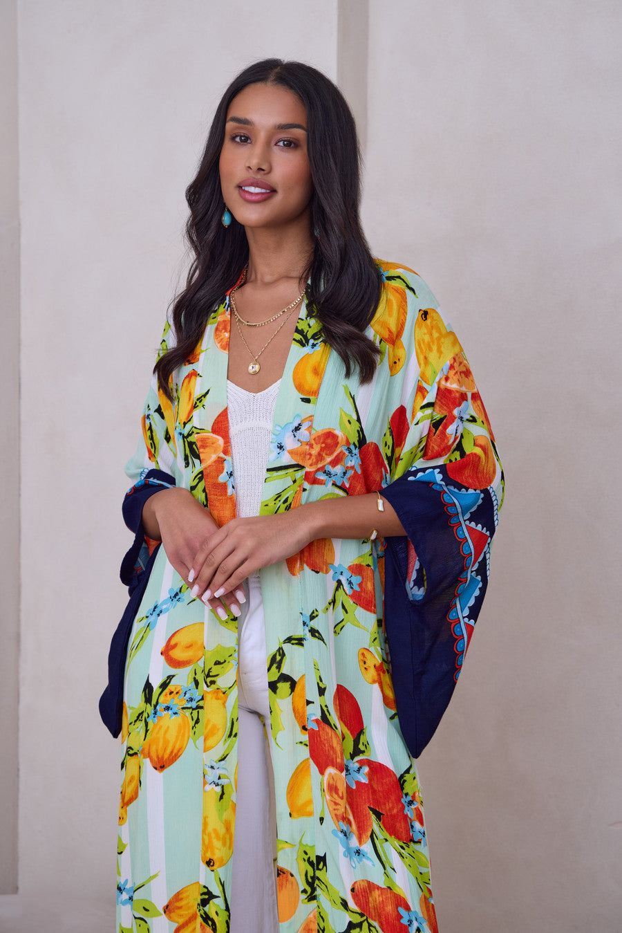 Stylish Citrus Print Kimono Long Sleeve Cover Up - Lightweight Summer Beachwear for Women - Perfect for Beach, Pool, and Vacation Outfits