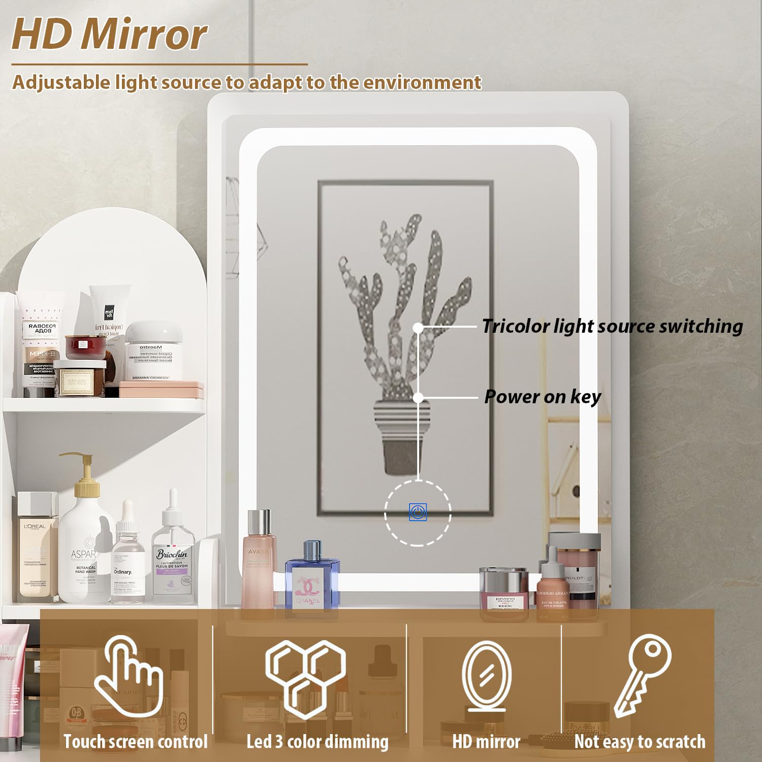 FUFU&GAGA White Vanity Set with LED Lighted Mirror - 5-Drawer Makeup Dressing Table, Storage Shelves & Cushioned Stool - Perfect for Bedroom, Dorm Room or Beauty Salon (B White/Lighted Mirror)