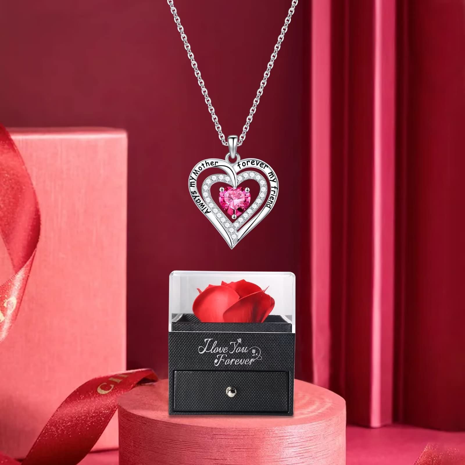 Eternal Preserved Red Rose Heart Birthstone Necklace - Romantic Jewelry Gift for Women, Wife, Girlfriend, Mom | Perfect for Mother's Day, Christmas, Birthday & Anniversary | Elegant Keepsake for Special Occasions