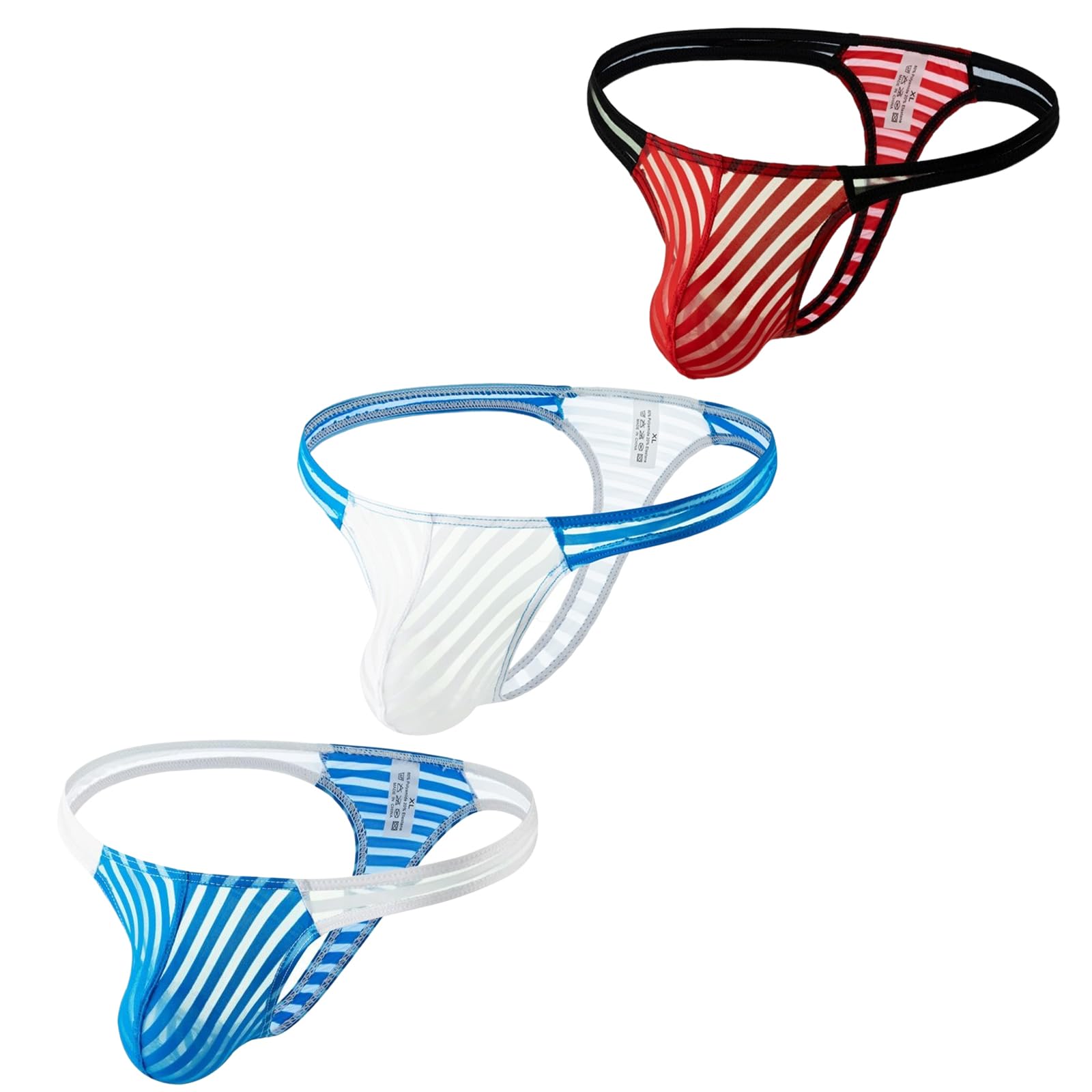 Gogobear Men's Striped Mesh Translucent G-String Thong Underwear - Low Waist U-Convex T-Back Design (3-4 Pack) | Sexy & Comfortable for Daily Wear, Night Out & Special Occasions