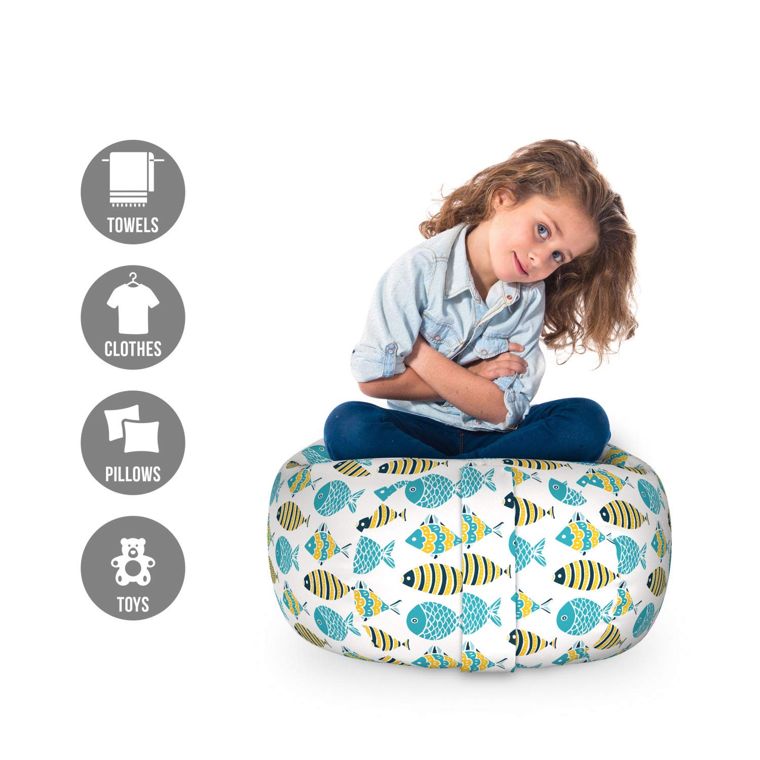 Ambesonne Scandinavian Storage Toy Bag Chair - Repeating Doodle Cartoon Nautical Fish Design, Washable Stuffed Animal Organizer (Small Size, Pale Blue Navy Blue) | Kids Room Decor, Playroom Storage, Nursery Organization