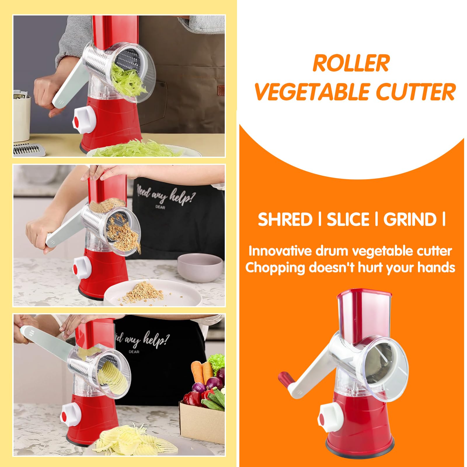 Rotary Cheese Grater - Manual Hand Crank Cheese Shredder with 3 Interchangeable Blades & Strong Suction Base - Perfect for Shredding Cheese, Vegetables, Nuts - Ideal for Kitchen, Camping, Picnics & Parties