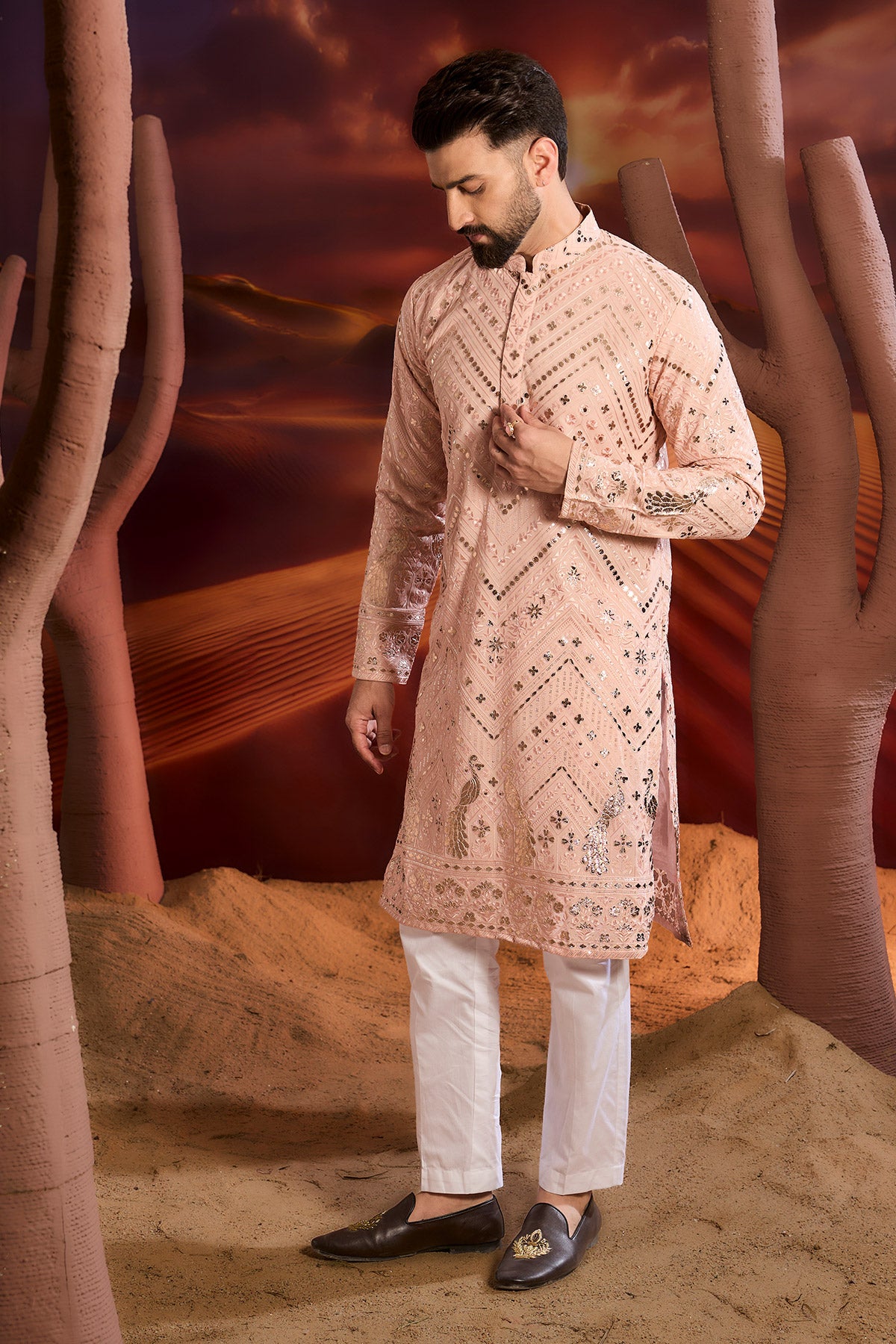 Elegant Pink Leather Patchwork Kurta with Intricate Floral & Fauna Embroidery - Perfect for Festivals, Weddings & Ethnic Fashion