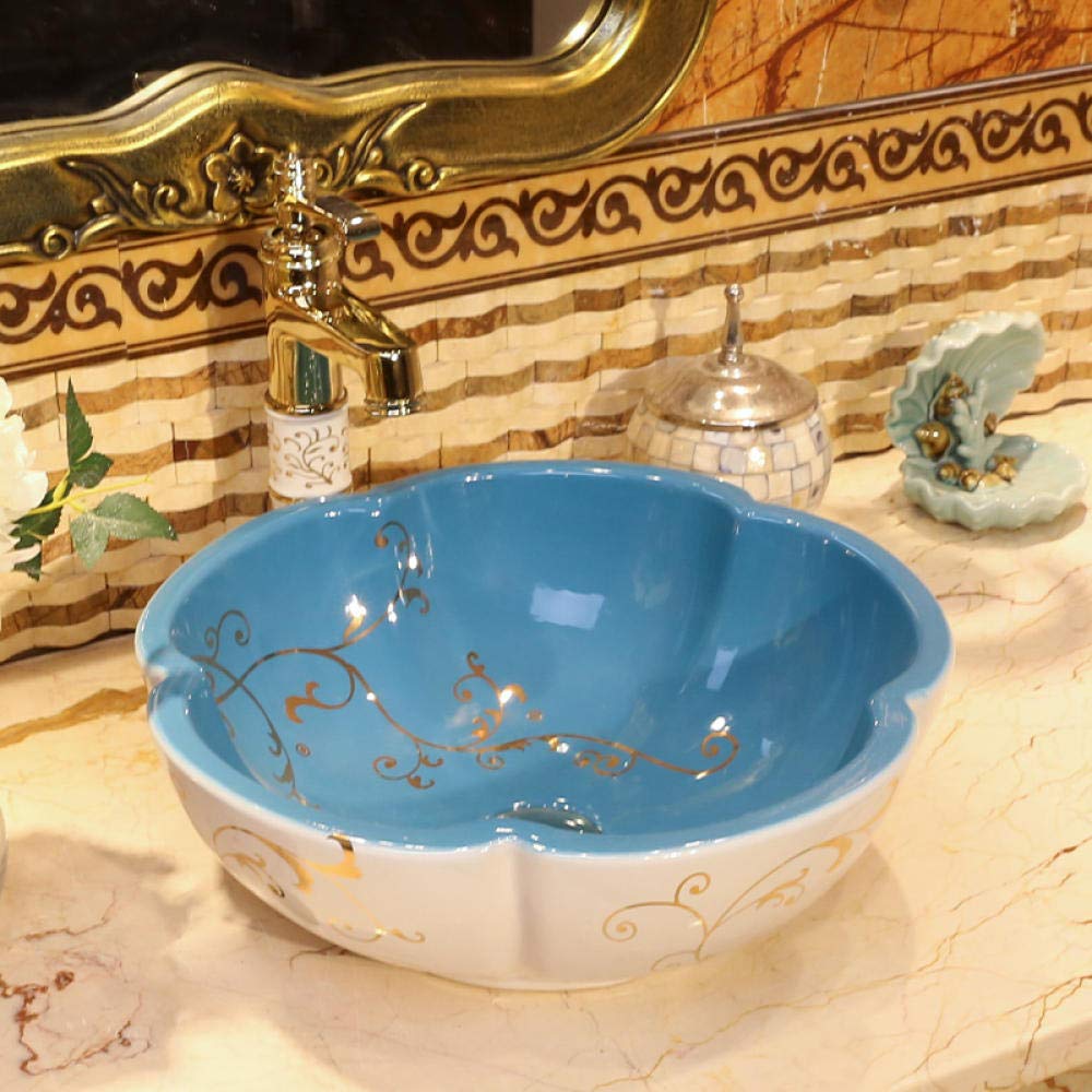 LEFEDA Blue Ceramic Vessel Sink - Handcrafted Jingdezhen Countertop Bathroom Basin for Vanity, Wash Sink - Perfect for Modern Bathroom Renovation & Luxury Home Decor