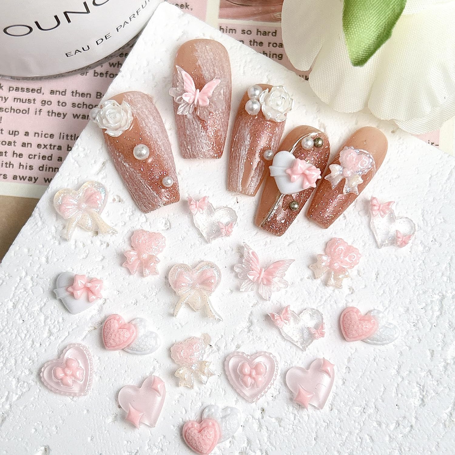 40Pcs Pink Nail Art Charms Glow in The Dark Heart Rhinestones - 3D Resin Nail Gems Decals for Valentines Day Manicure, DIY Nail Decorations, Party, Wedding, Salon, Home Nail Art Supplies