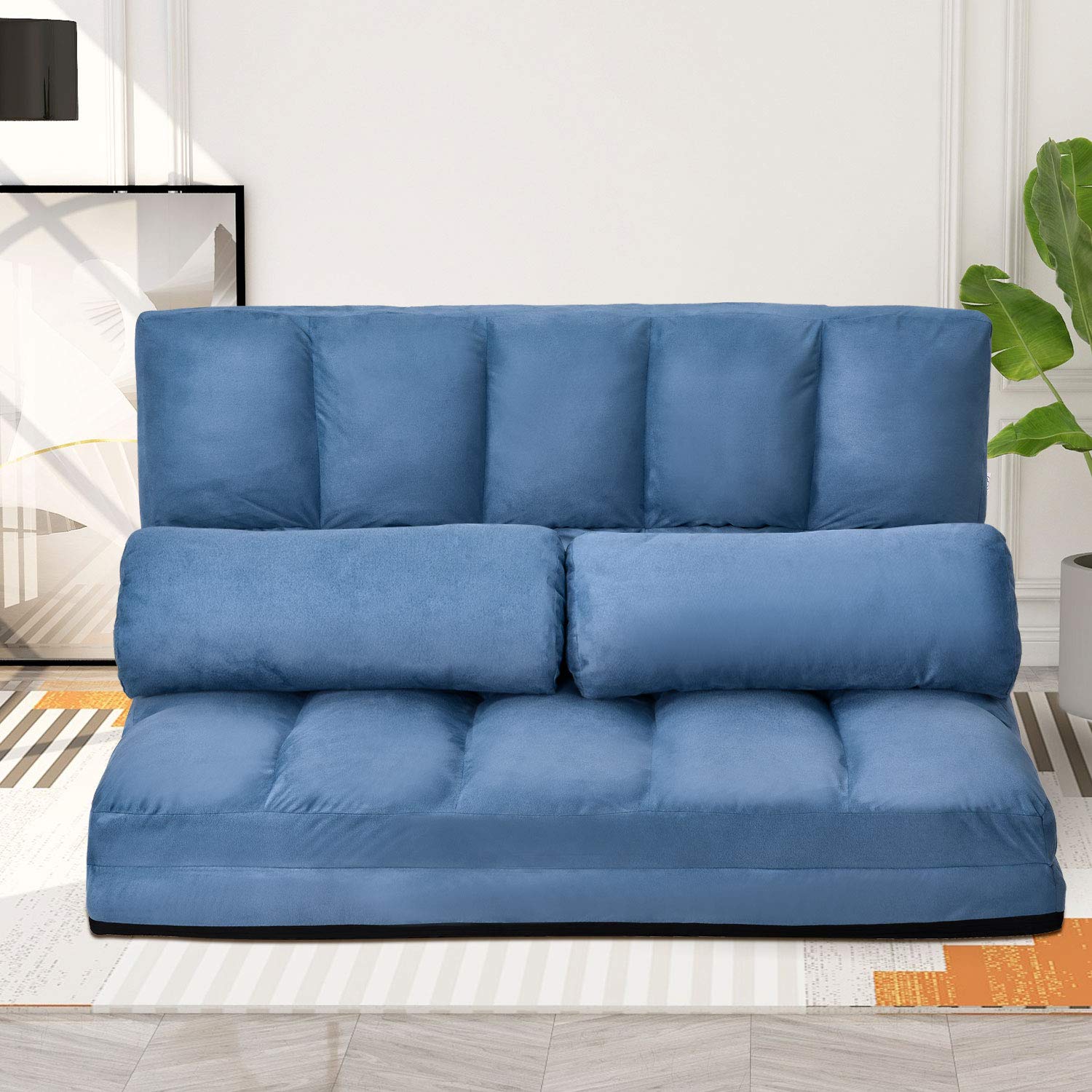 Anwick Adjustable Double Chaise Lounge Sofa - 5-Position Foldable Floor Sofa Bed with 2 Pillows for Living Room, Bedroom & Dorm | Modern Lazy Sofa Sleeper for Relaxing, Napping & Small Space Living (Blue)