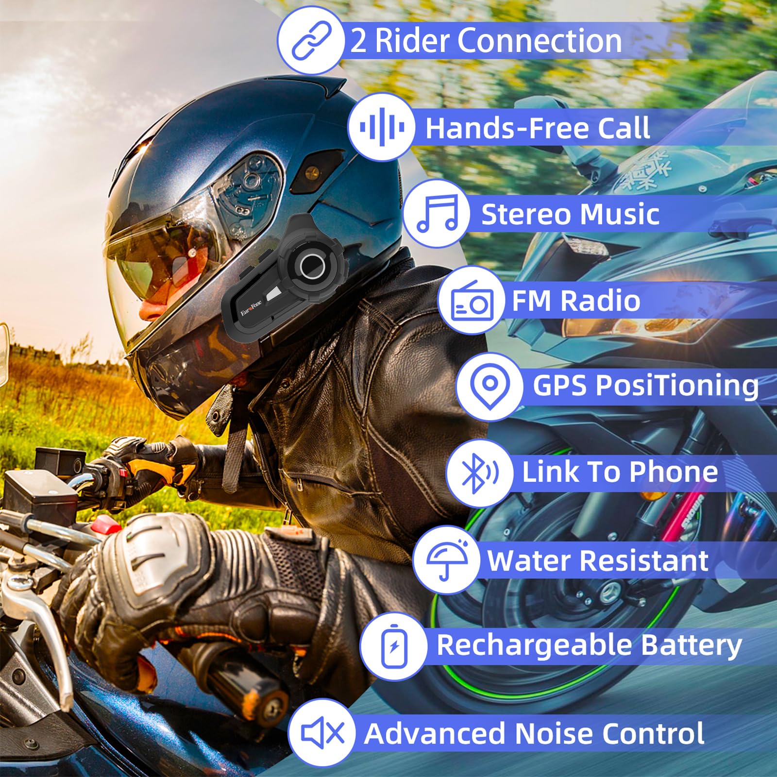 EuroFone S2 Bluetooth Motorcycle Helmet Headset - 800m Range Intercom for 2 Riders with CVC Noise Cancellation & HD Speakers | Perfect for Group Riding, Touring & Adventure Motorcycles (2-Pack)