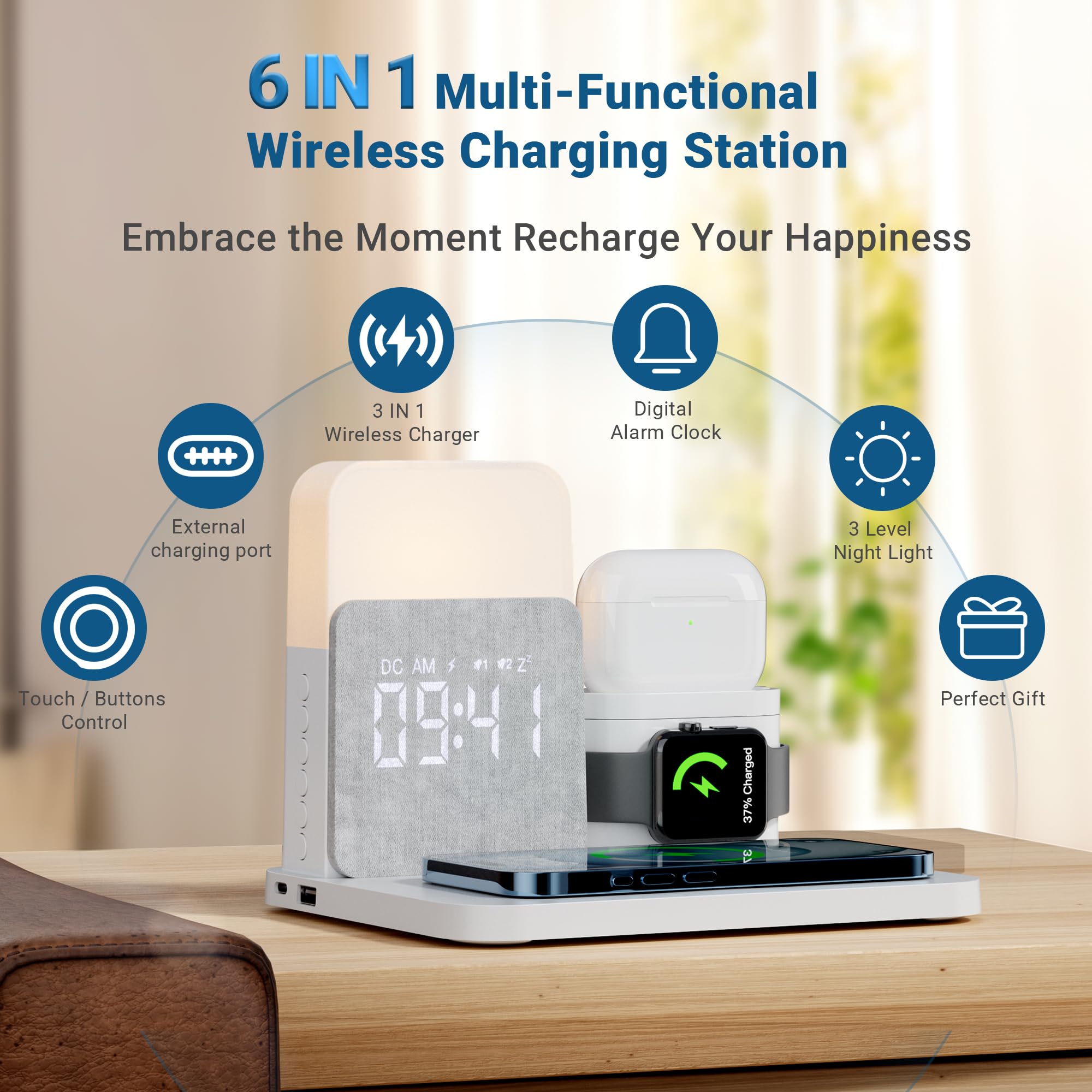 6-in-1 Wireless Charging Station with MagSafe 18W Fast Charging | Alarm Clock & Night Light | Compatible with iPhone 16/15/14/13/12/11/X/Pro Max, Apple Watch & AirPods | Perfect for Bedside, Office & Travel Charging