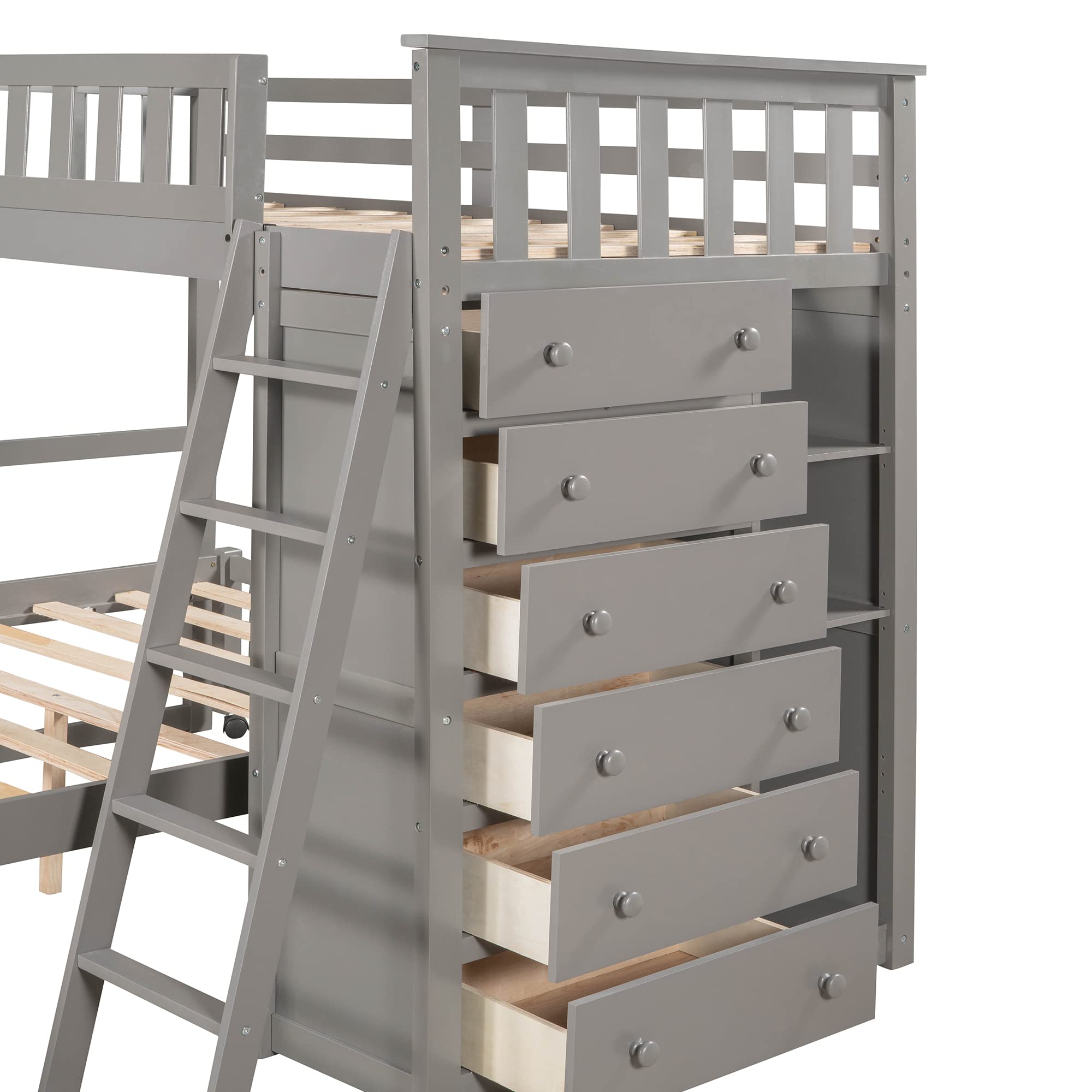 **Sturdy Wooden Bunk Bed for Kids, Teens & Adults - Twin Over Full Size with 6 Drawers, Flexible Shelves & Wheels - No Box Spring Needed (Grey + Wheels01) - Perfect for Small Spaces, Guest Rooms & Shared Bedrooms**