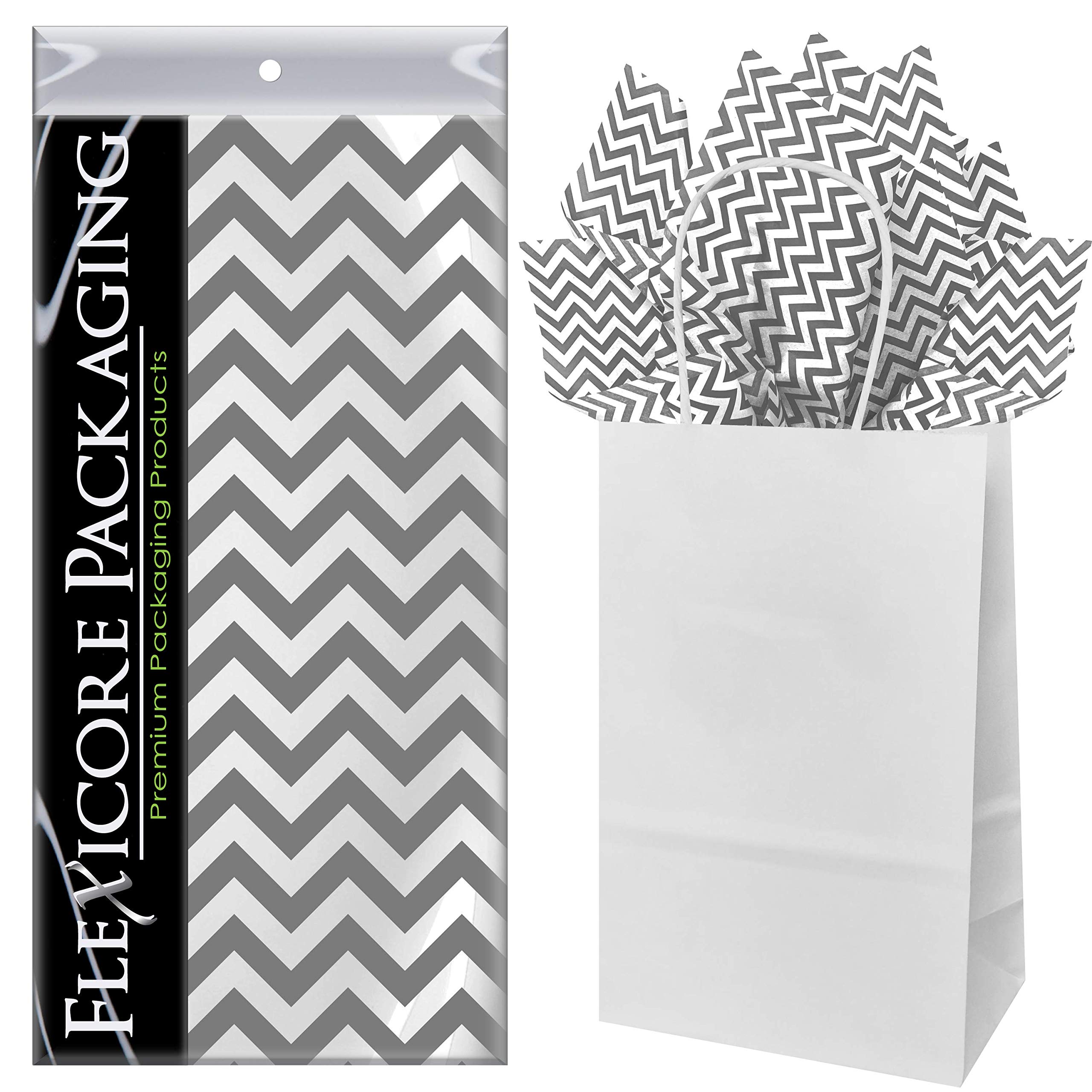 Premium White Kraft Paper Gift Bags with Gray Chevron Design - 5.25