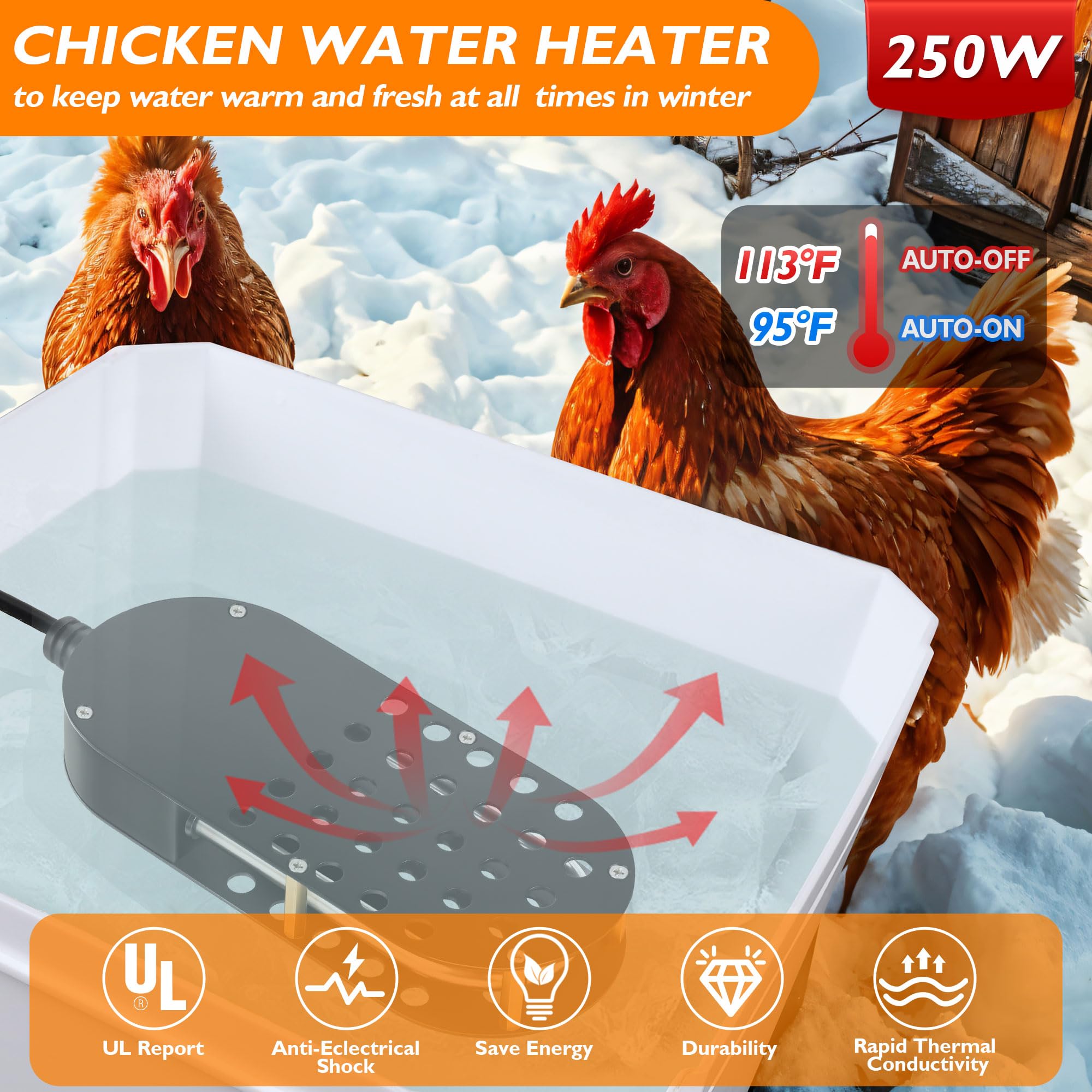 250W Poultry Water Heater - Winter Chicken Water Warmer for Coops & Farms | Keep Water from Freezing in Cold Weather