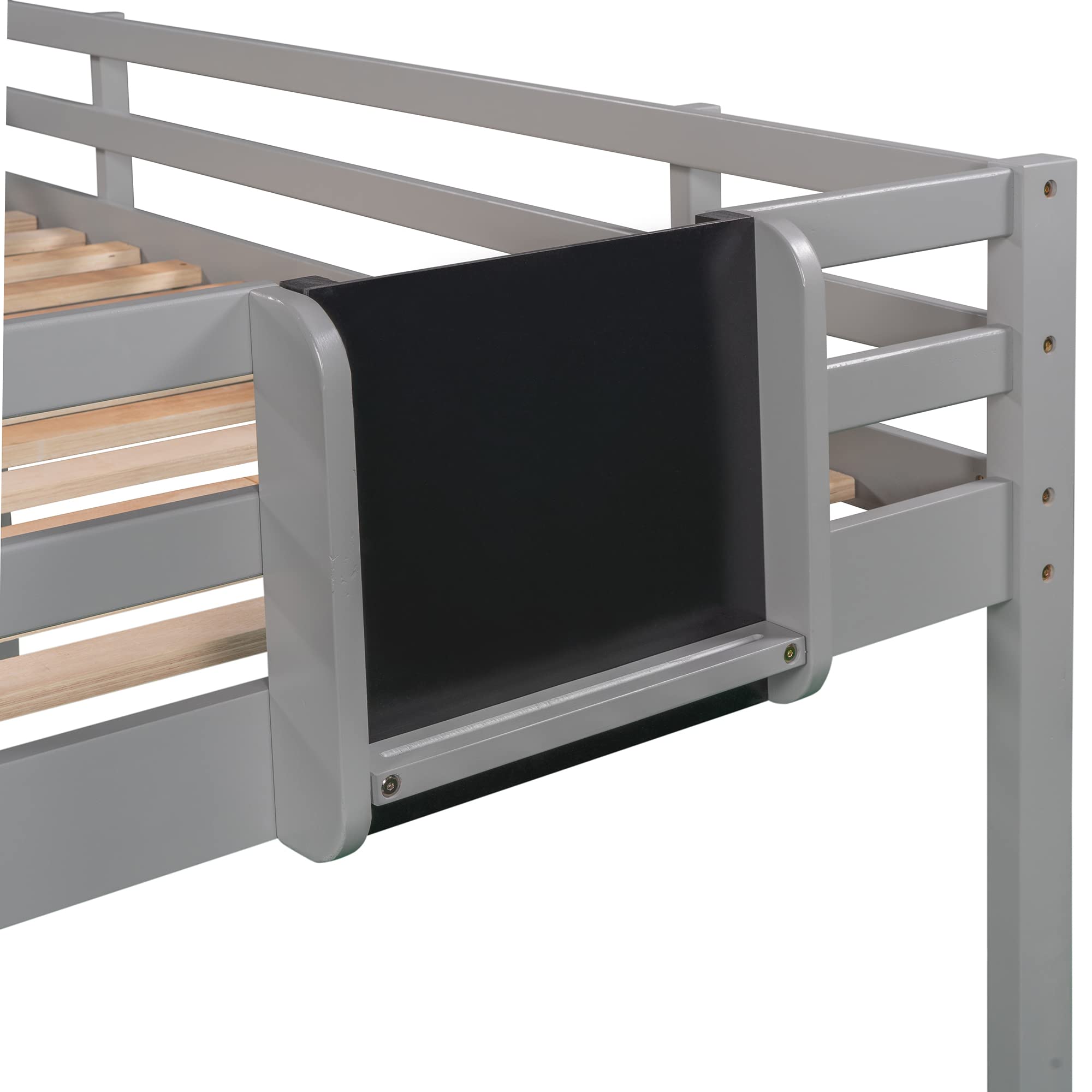 LostCat Twin Loft Bed with Slide & Ladder - Low Height Wooden Loft Bed for Kids (Girls/Boys) - Safety Guardrail Included - No Box Spring Needed - Grey - Perfect for Small Bedrooms, Playrooms & Dorm Rooms