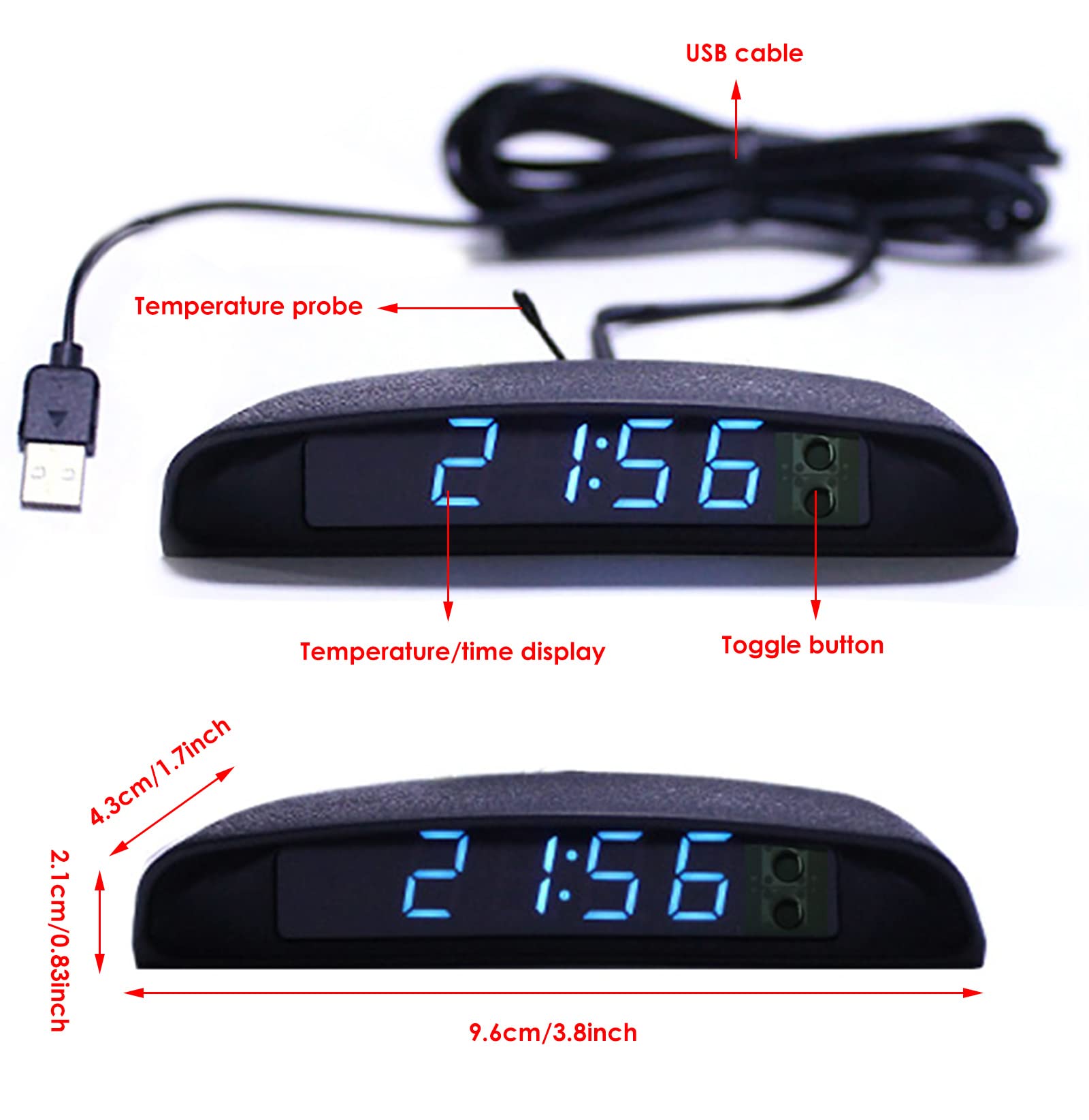 COYOUCO USB-Powered Digital Car Clock with LED Display & Adjustable Brightness - Multifunctional Auto Thermometer for Dashboard - Perfect for Road Trips, Commuting & Temperature Monitoring