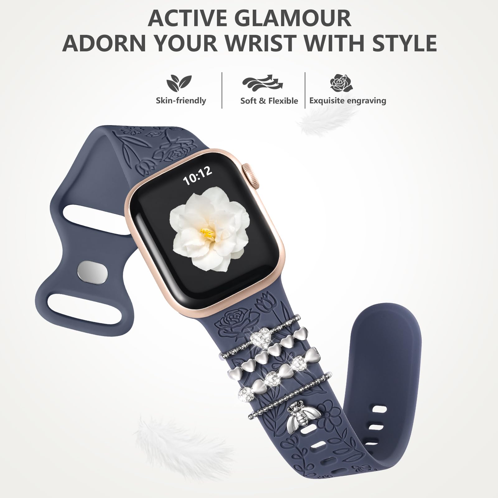 DaQin Floral Engraved Silicone Band Compatible with Apple Watch Series 9/8/7/6/5/4/3/2/1/SE - 38mm 40mm 41mm 42mm 44mm 45mm Women's Fashion Watch Strap with Decorative Charms - Perfect for Workouts, Office Wear & Everyday Style