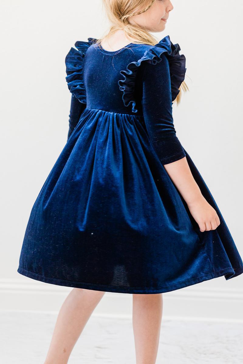 Navy Blue Velvet Ruffle Twirl Dress for Girls | Elegant Party Dress for Weddings, Holidays & Special Occasions