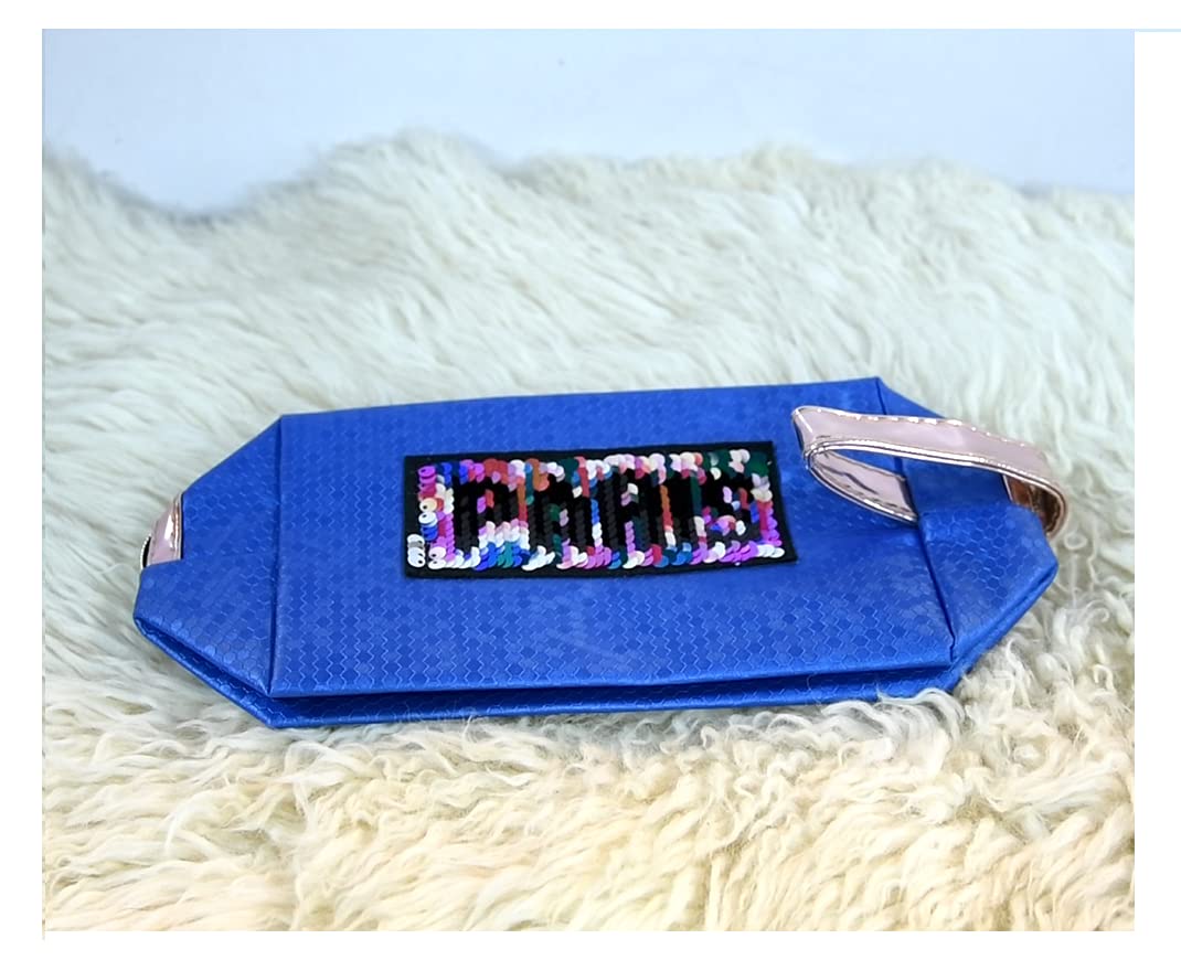STRIPES® Waterproof PU Makeup Pouch - Blue Travel Toiletry Bag for Women | Portable Cosmetic Organizer with Paris Sequins Patch | Perfect for Vacation, Gym & Daily Essentials Storage