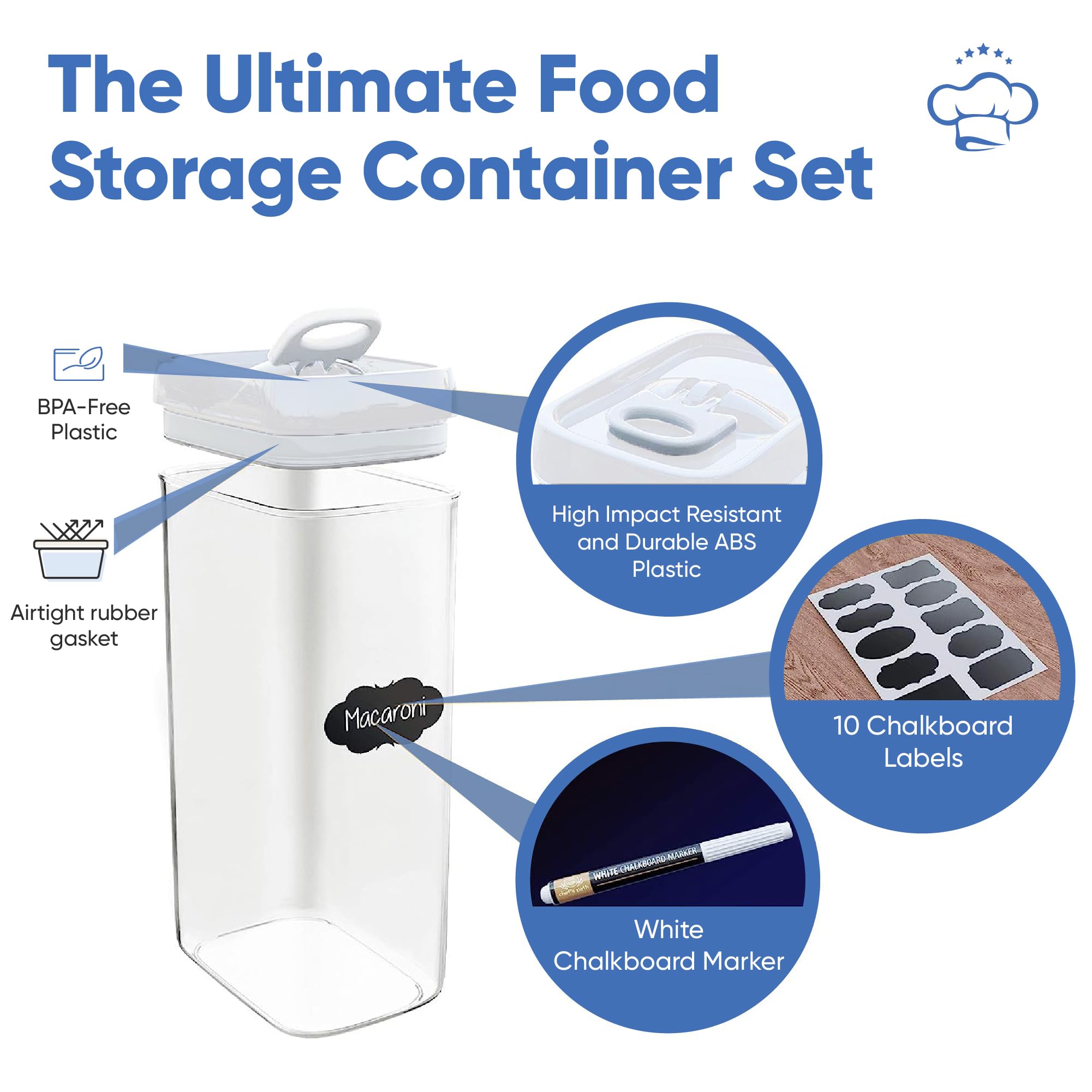 Chef's Path 4-Piece Large Airtight Food Storage Containers Set (3.2L/109Oz) with White Lids - Clear Kitchen & Pantry Canisters for Pasta, Cereal, Noodles, Flour | Perfect for Meal Prep, Bulk Food Storage & Organized Kitchen