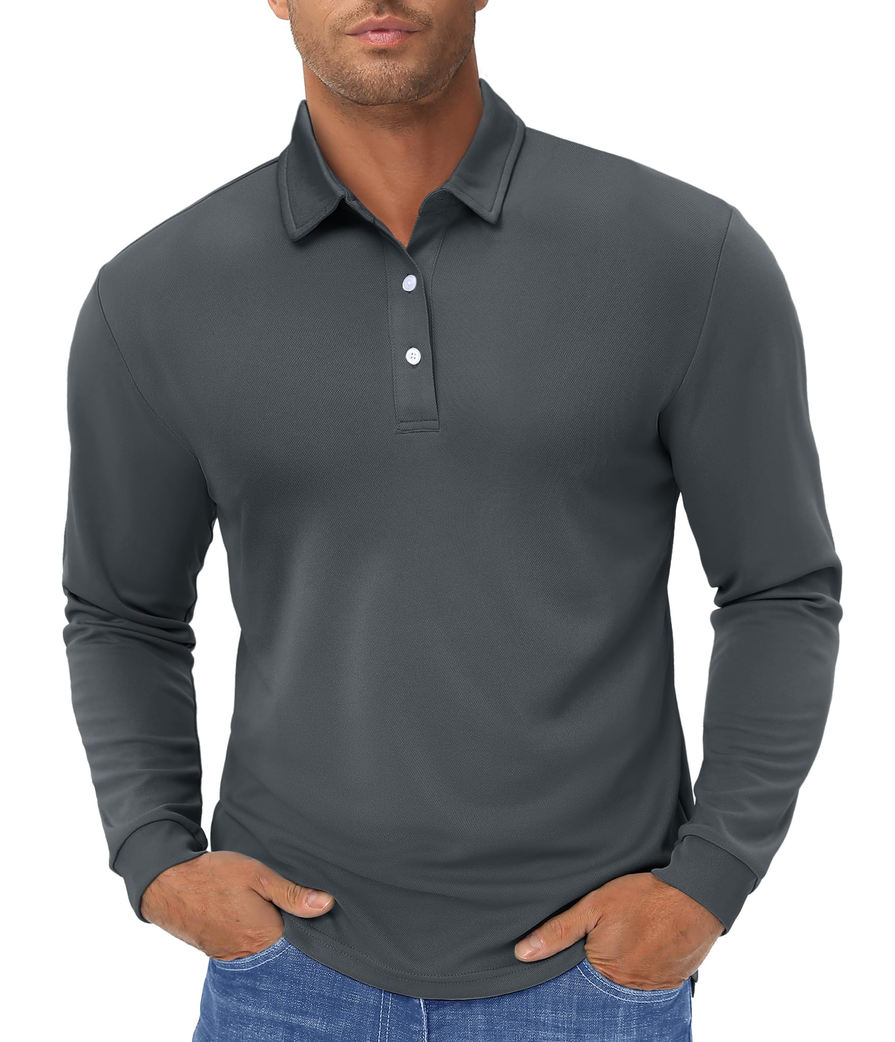 TACVASEN Men's Quick Dry Long Sleeve Polo Shirt - Breathable Golf & Running Top with 3 Buttons - Perfect for Workouts, Golfing, and Outdoor Activities