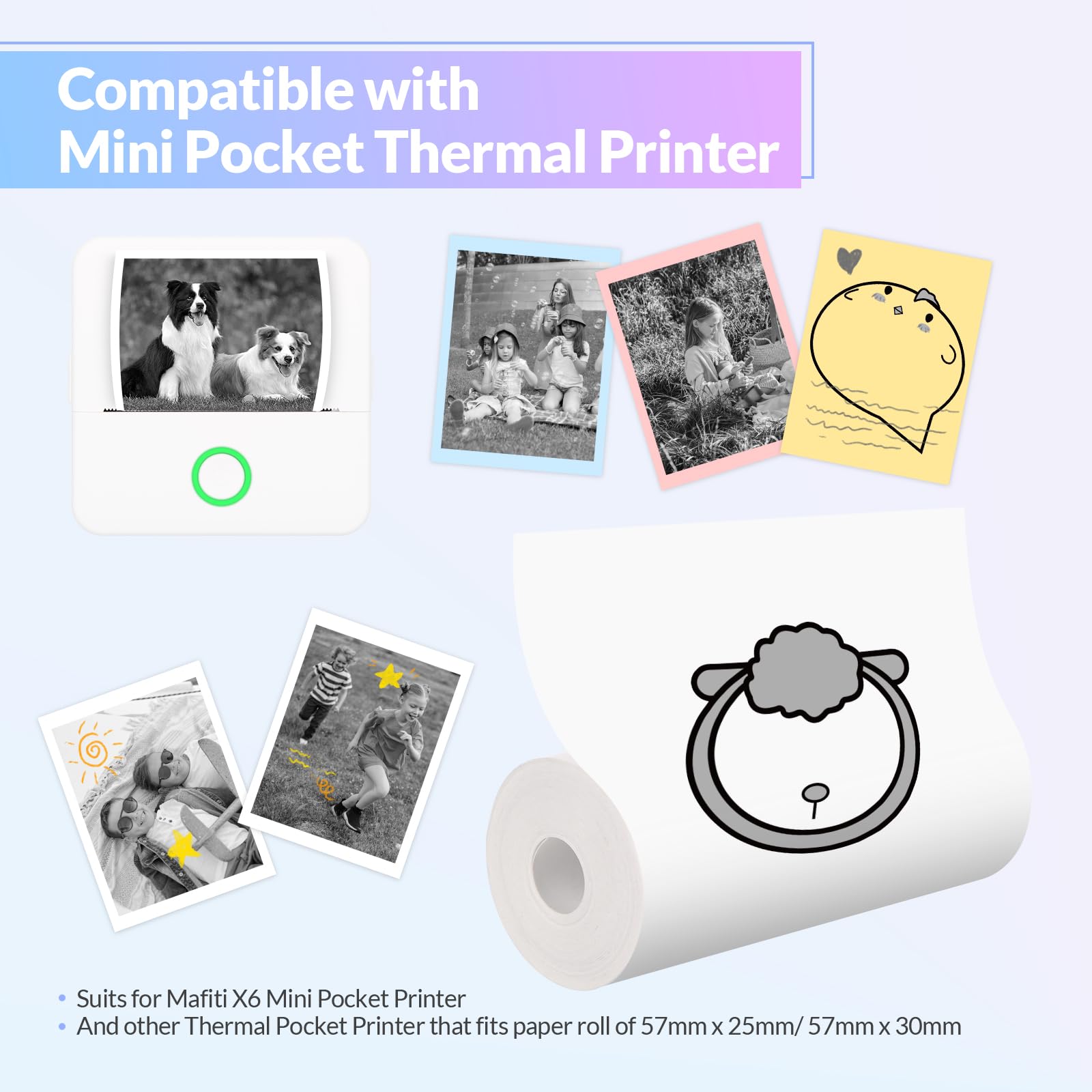 6 Rolls Non-Adhesive Thermal Mini Printer Paper (3 White & 3 Colorful) - 57x25mm for Mafiti X6 Mini Pocket Printer | Portable Labeling for Home, Office & Travel Organization