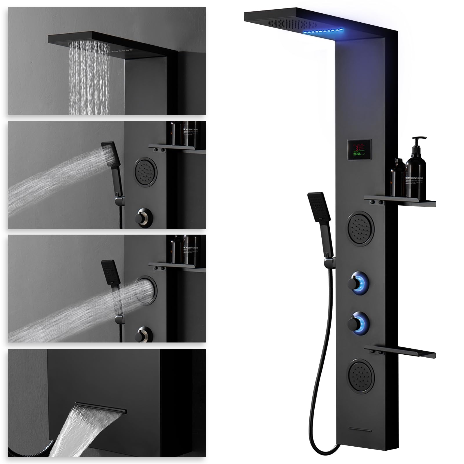 Premium Matte Black LED Shower Panel System with Rainfall Shower Head, Handheld Massage Jets & 304 Stainless Steel Storage Shelf - Modern Waterfall Bathtub Upgrade for Luxury Spa-Like Bathroom Experience