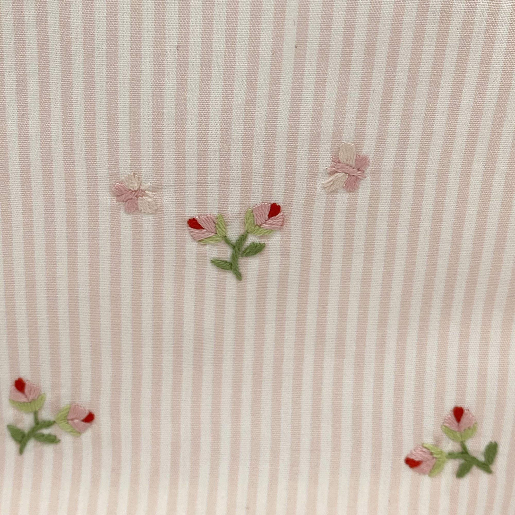 Elegant Pink Stripe Tissue Box Cover with Hand Embroidered Baby Rosebuds - Decorative Floral Tissue Holder for Home, Office, and Gift Giving