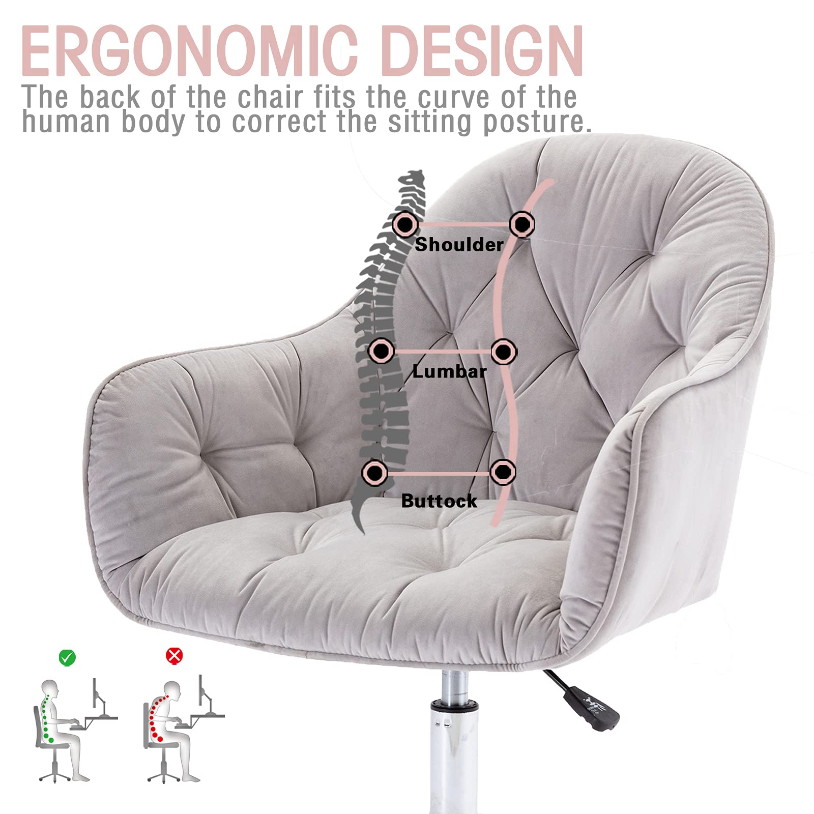CAELUM Rolling Swivel Computer Desk Chair - Velvet Upholstered Ergonomic Office Chair for Home Office, Study, Bedroom, Gaming (Gray) | Perfect for Remote Work, Online Classes & Small Spaces