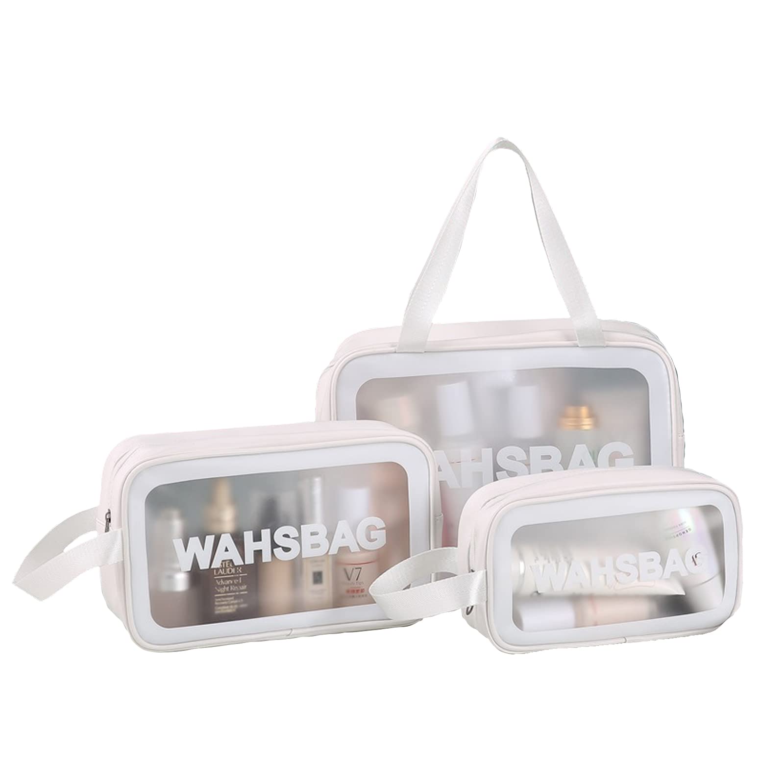 3-Pack Clear Waterproof Toiletry Bag for Women - Translucent Travel Cosmetic Organizer with Zipper & Handle, Large Capacity Makeup Pouch for Bathroom, Gym, Camping & Air Travel (White)