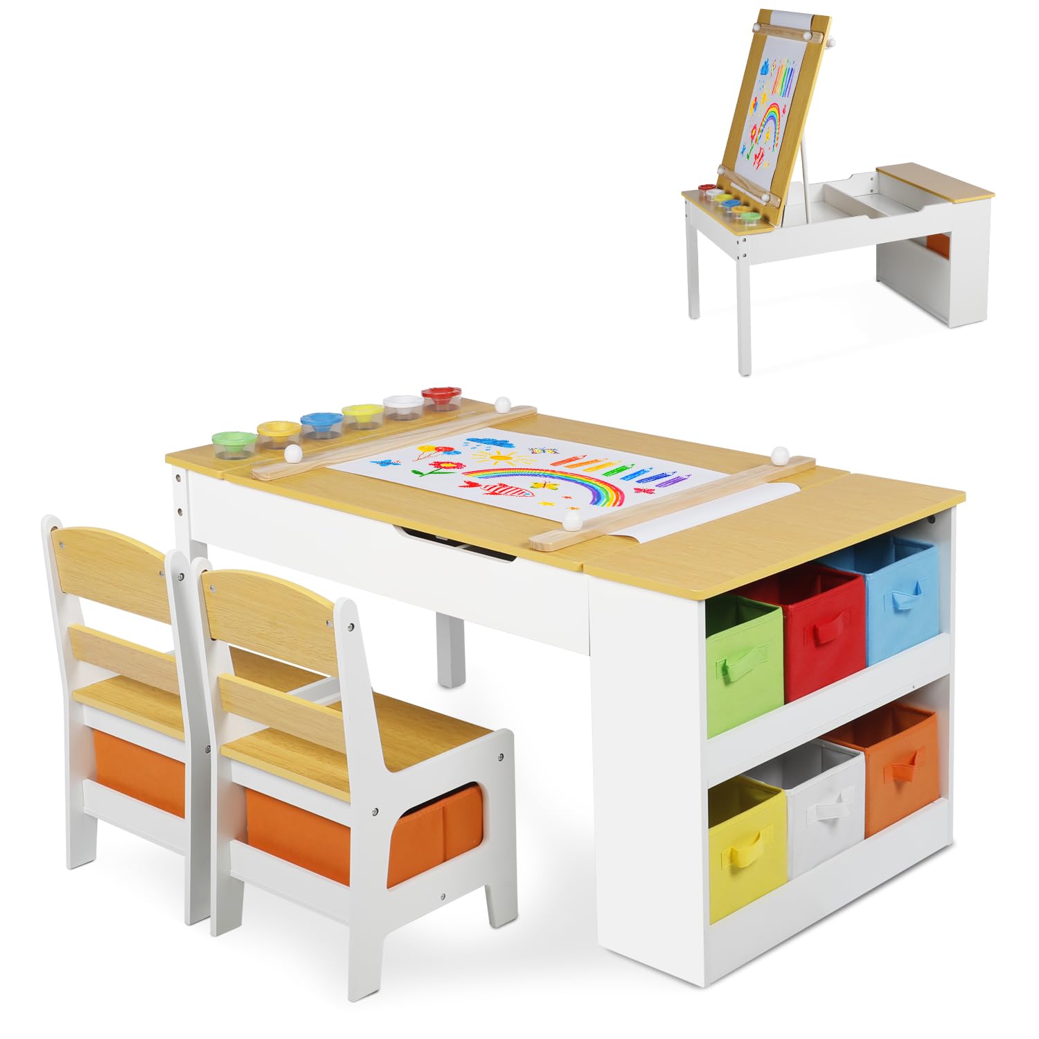 Kinder King 3-in-1 Kids Art Table & Easel Chair Set - Wooden Children's Activity Table with 6 Storage Bins, Paper Roll & Paint Cups - Perfect for Playroom, Homeschooling & Creative Learning (Natural Wood)