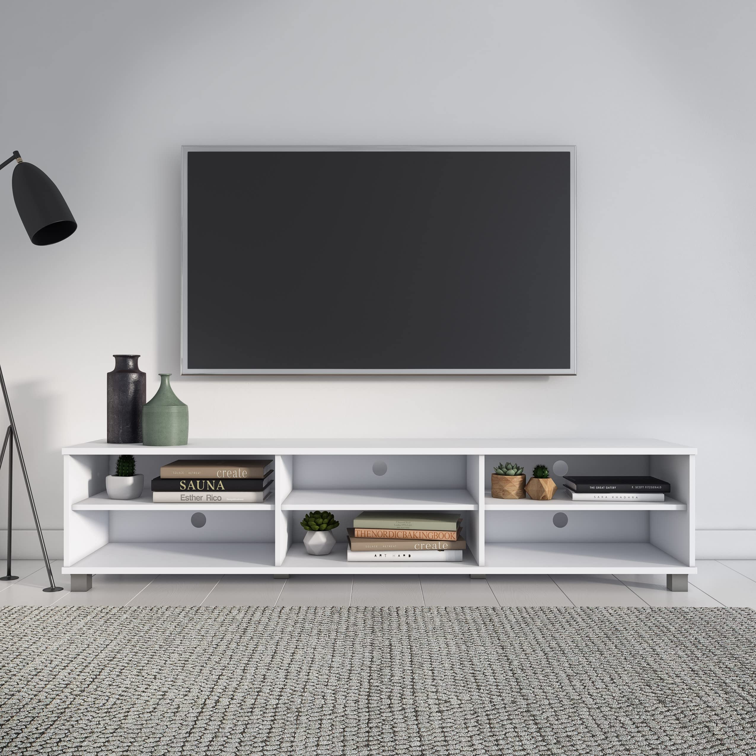 CorLiving Hollywood White Engineered Wood TV Stand with Open Shelves for TVs up to 85