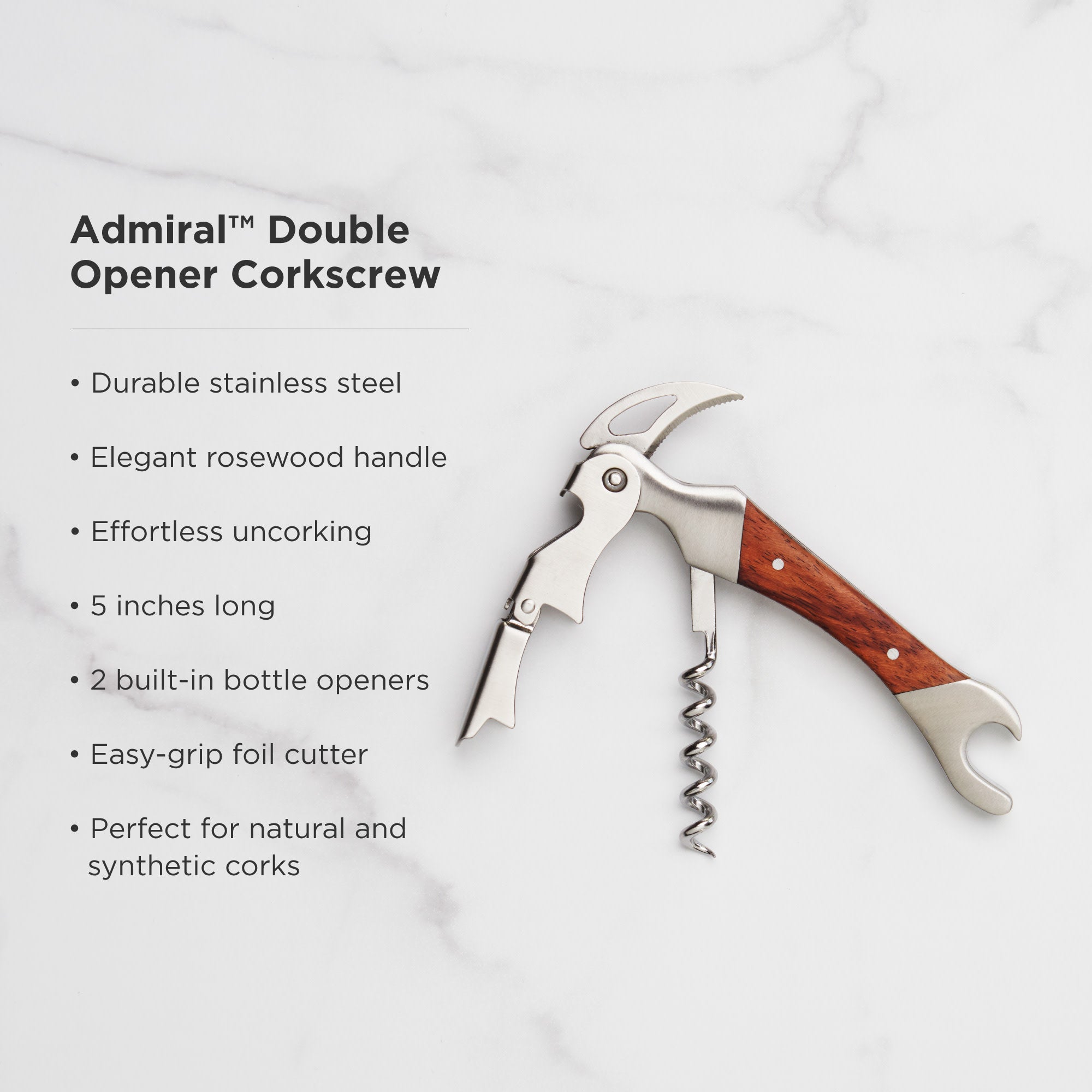 Premium Admiral Corkscrew with Rosewood Handle - Smooth Wine Bottle Opener for Home, Restaurants & Gifts