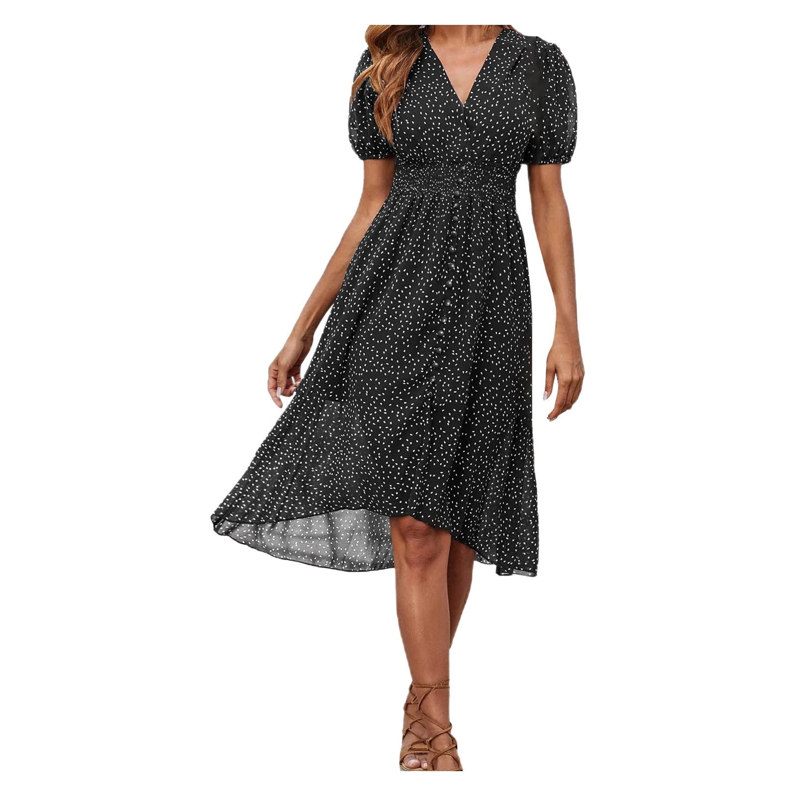Raopuzi Women's Floral Print V-Neck Midi Dress - Boho Summer Wrap Dress with Puff Short Sleeves for Beach, Vacation & Casual Outings