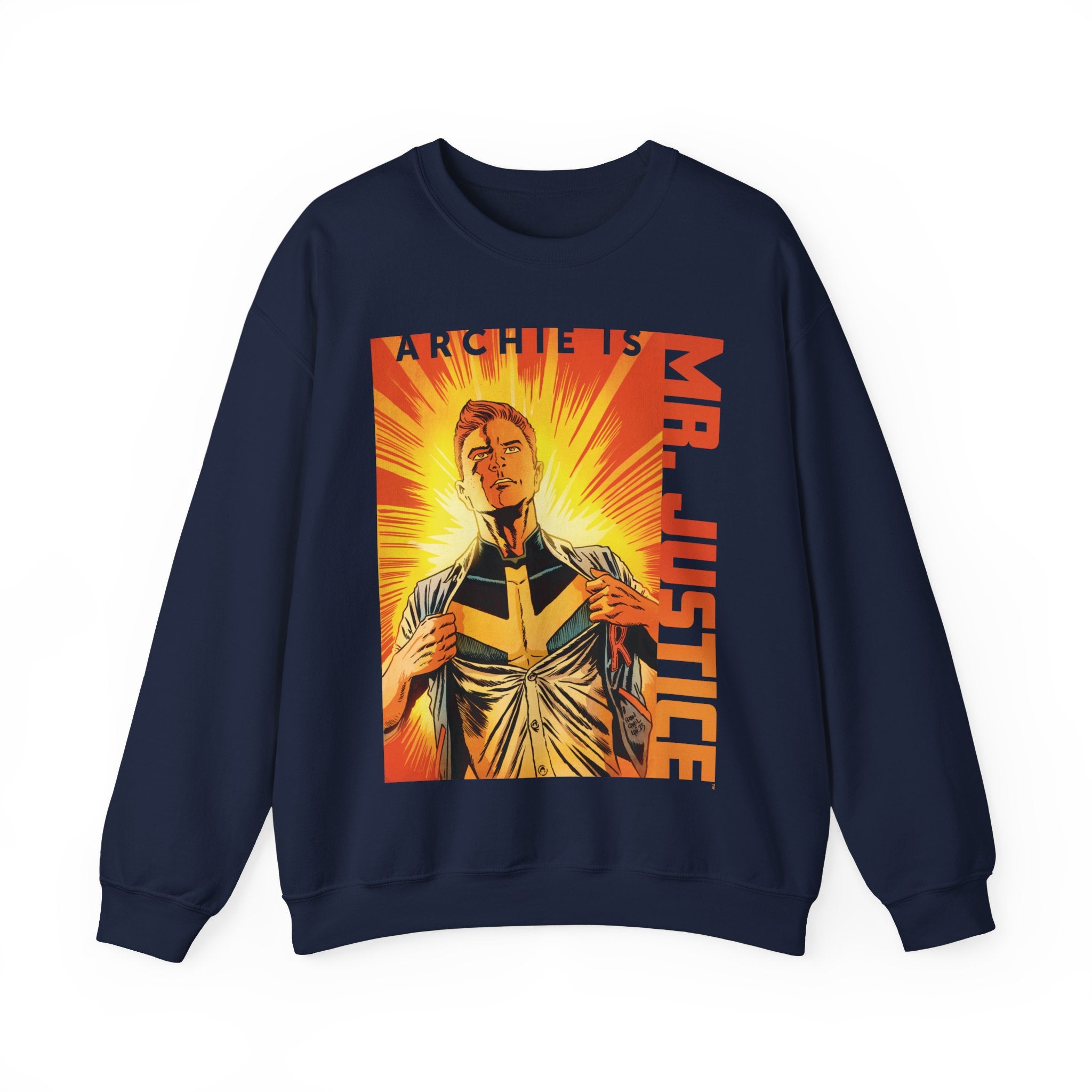 Archie Comics Mr. Justice Sunburst Graphic Unisex Heavy Blend Crewneck Sweatshirt - Featuring Archie, Betty, Veronica & Jughead - Casual Wear, Gift for Comic Fans, TV Show Merchandise