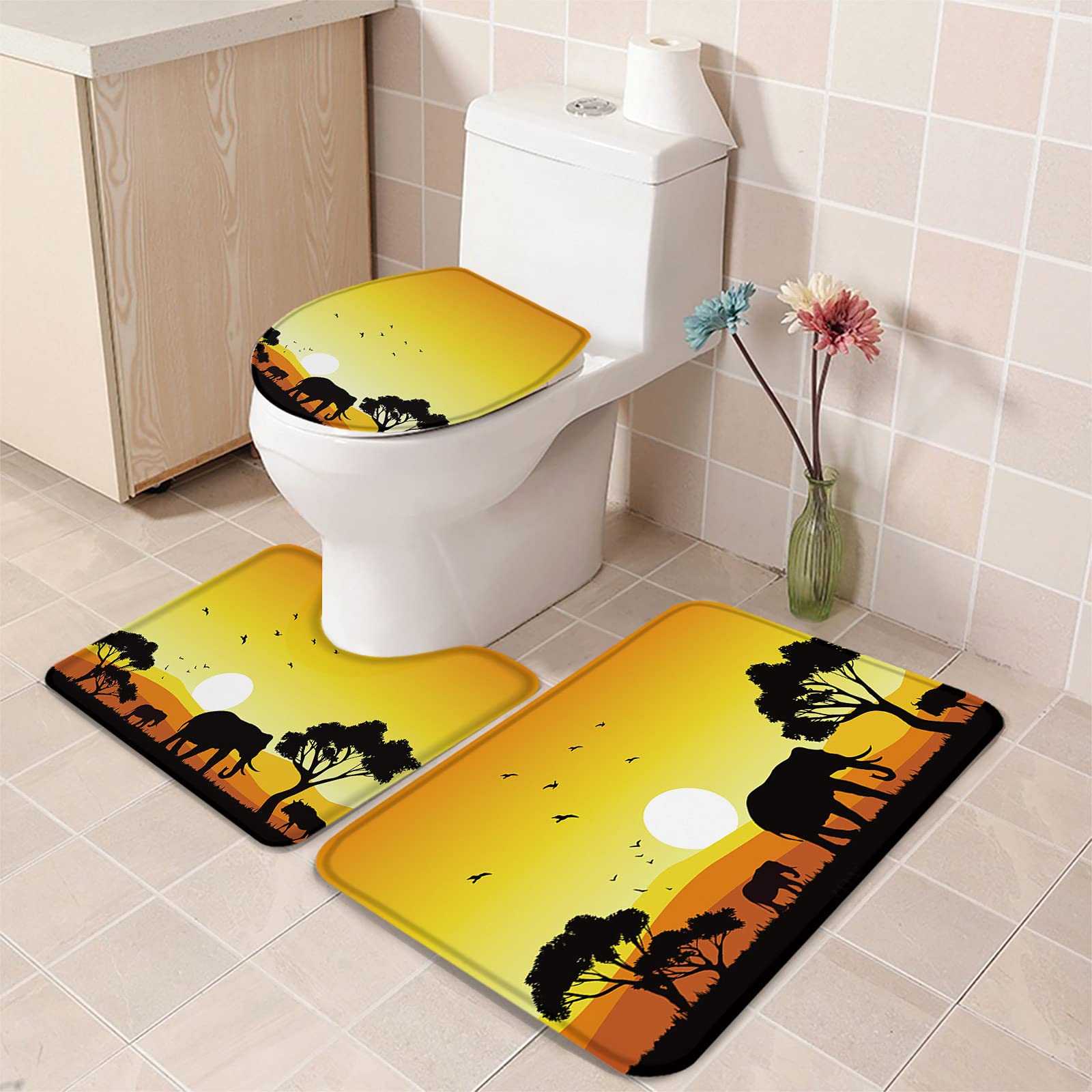 3-Piece Non-Slip Bathroom Rug Set with Elephant & Tree Design - Absorbent Shower Mat, Contour Mat & Toilet Cover - African Sunset Scenery Soft Bath Mats for Bathroom Safety & Decor